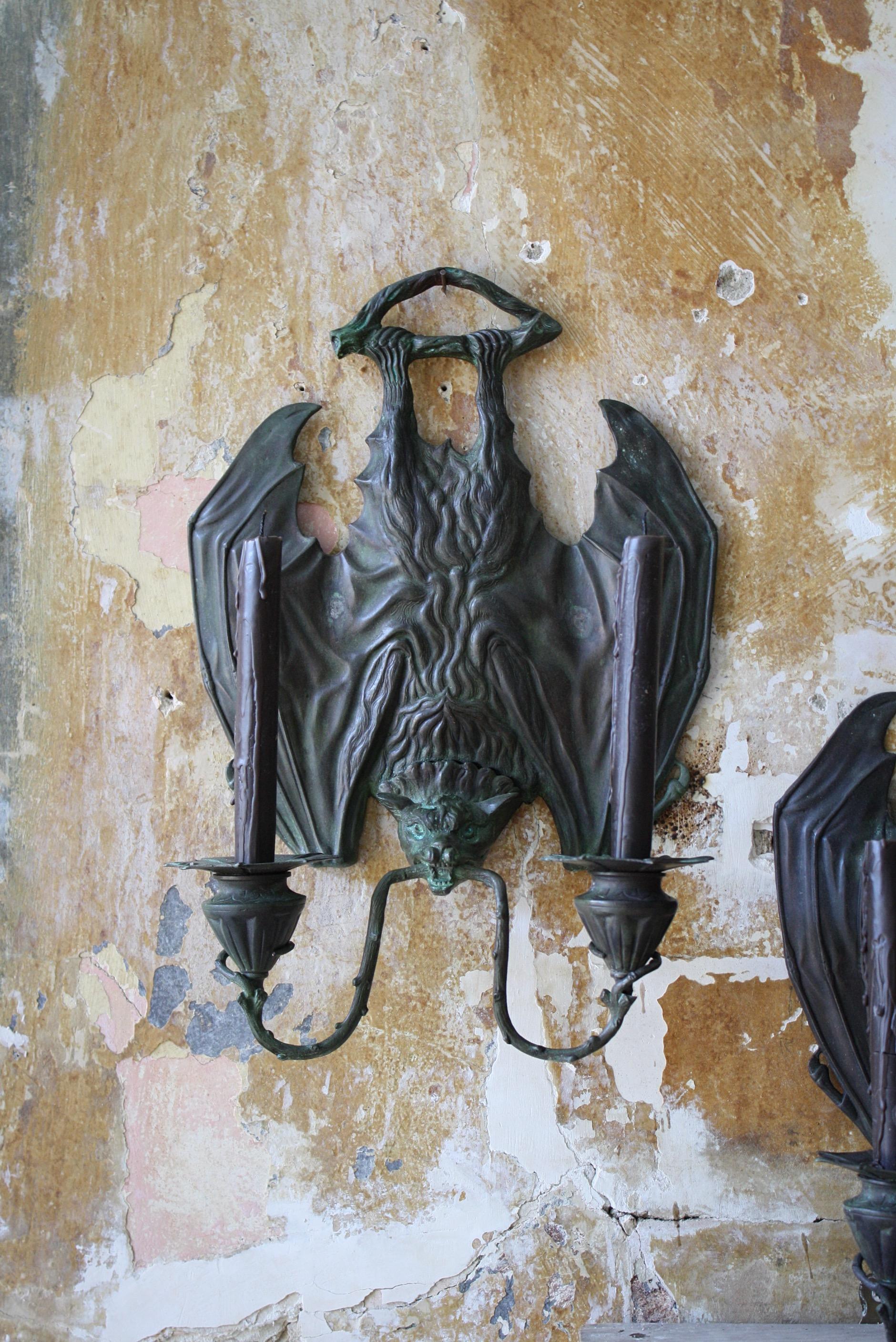 20th Century Gothic Bronze Bat Wall Sconces, After William Tonks for Liberty 1