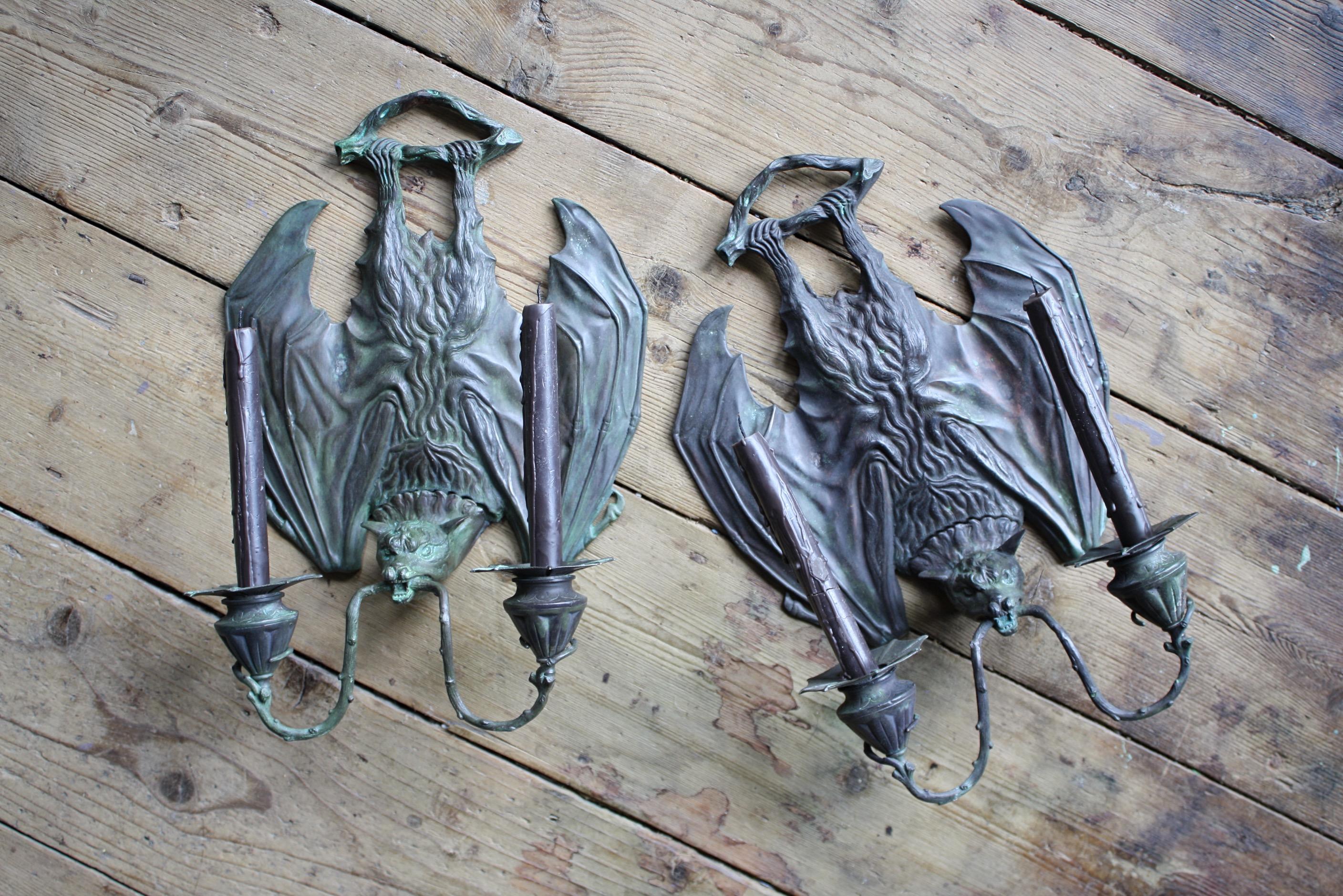 20th Century Gothic Bronze Bat Wall Sconces, After William Tonks for Liberty 2