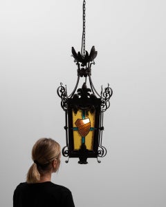 20th Century Gothic Revival Metal Lantern with Stained Glass Crest