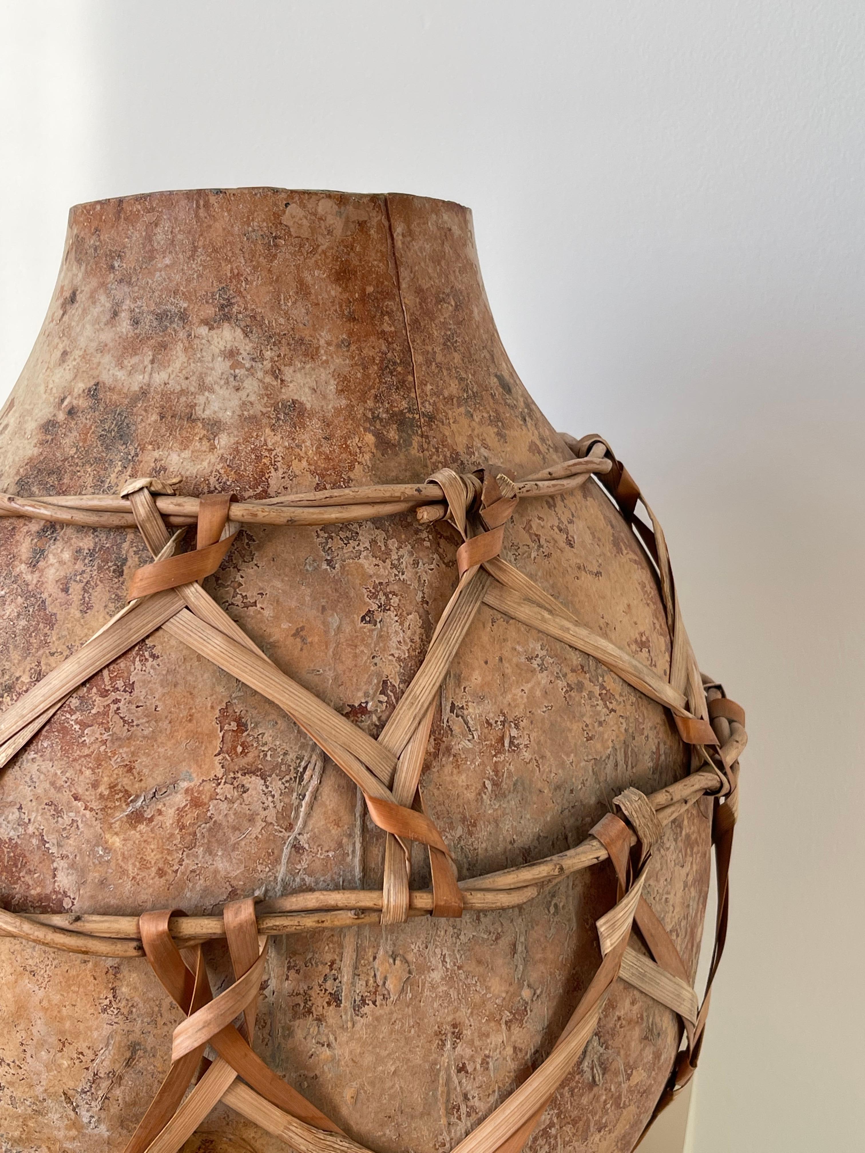 Hand-Crafted 20th Century Gourd Vessel with Reed Weaving For Sale