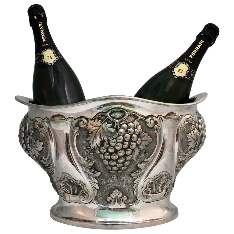 20th Century Italian Silver Hand Engraved Grapes and Vines Wine Cooler