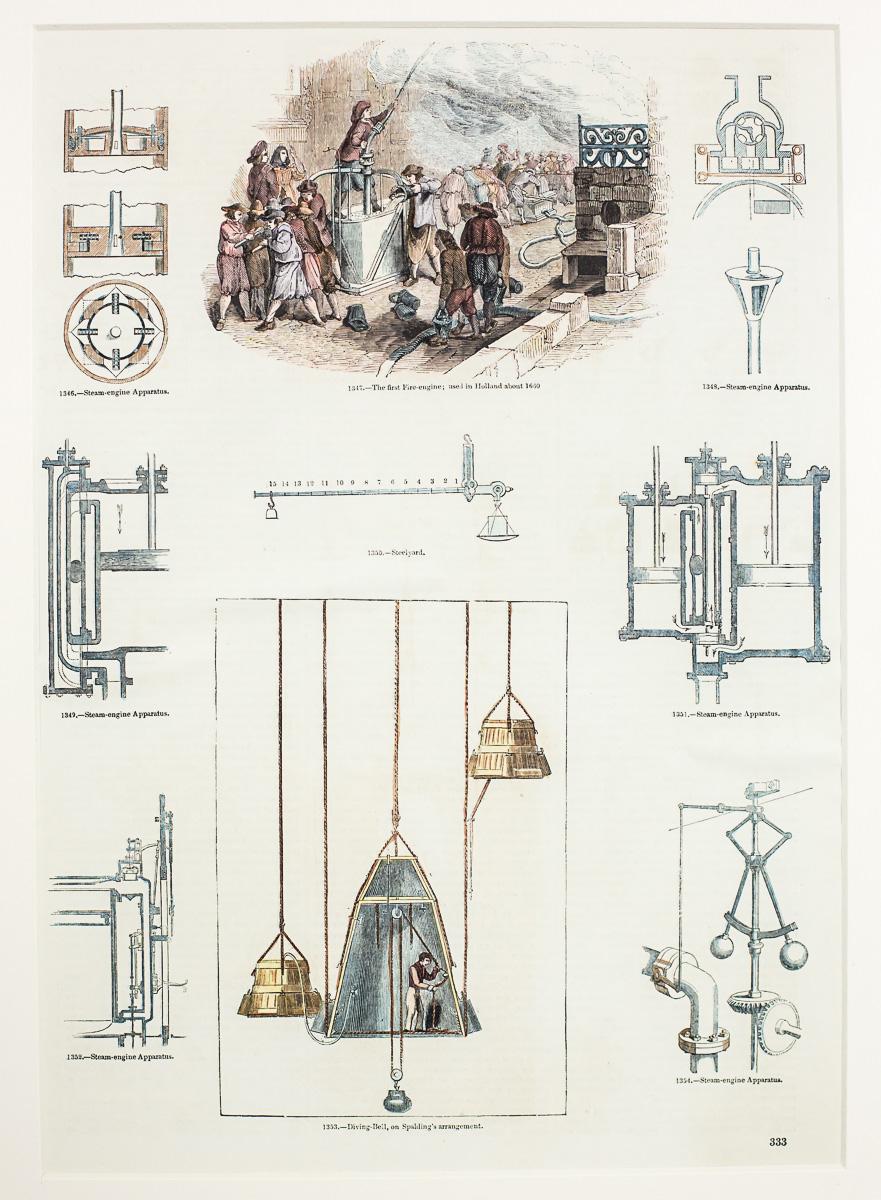 European Vintage Print Illustration of Old Crafts, Bell Founding, framed For Sale