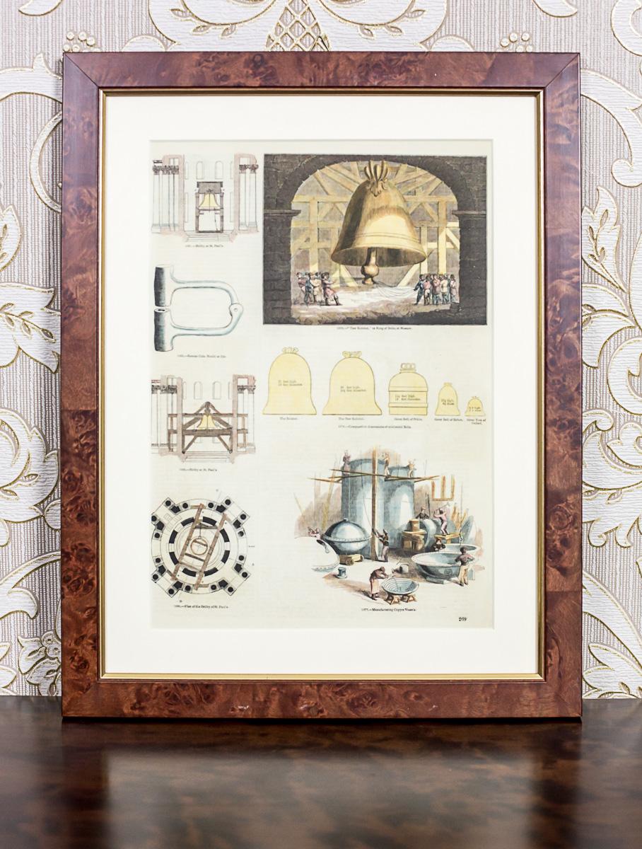Vintage Print Illustration of Old Crafts, Bell Founding, framed In Good Condition For Sale In Opole, PL