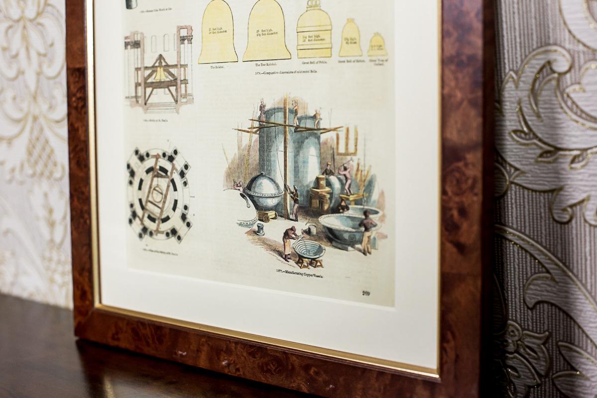 Glass Vintage Print Illustration of Old Crafts, Bell Founding, framed For Sale