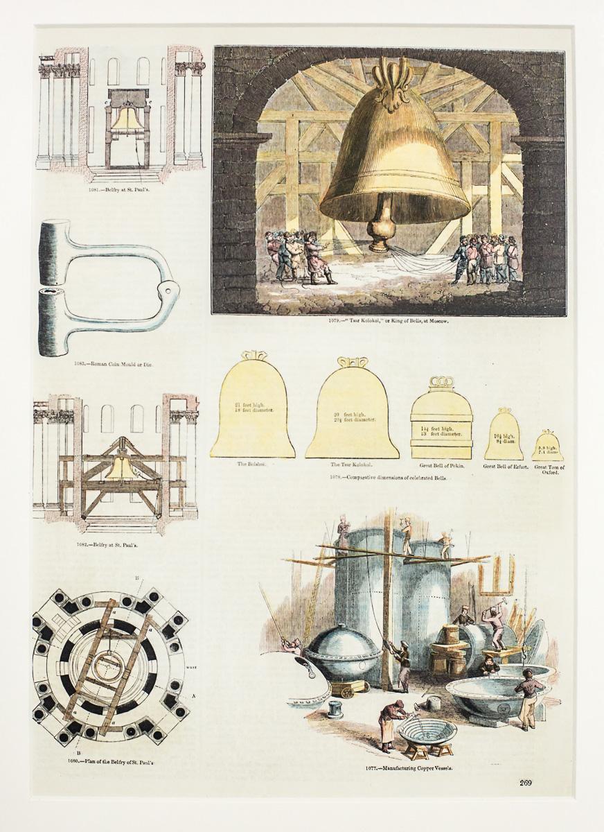 Vetro Stampa vintage illustrazione di antichi mestieri, fondazione di una campana, incorniciata in vendita