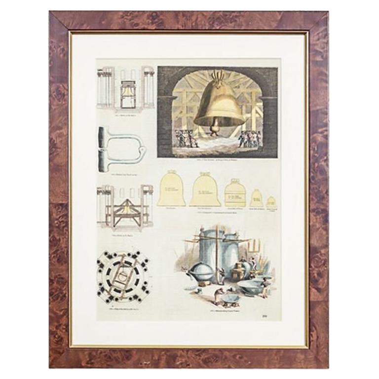 Vintage Print Illustration of Old Crafts, Bell Founding, framed For Sale