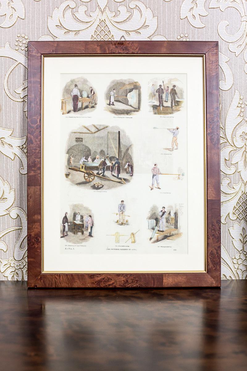 Vintage Print Illustration of Old Crafts, Glass Working, framed In Good Condition For Sale In Opole, PL