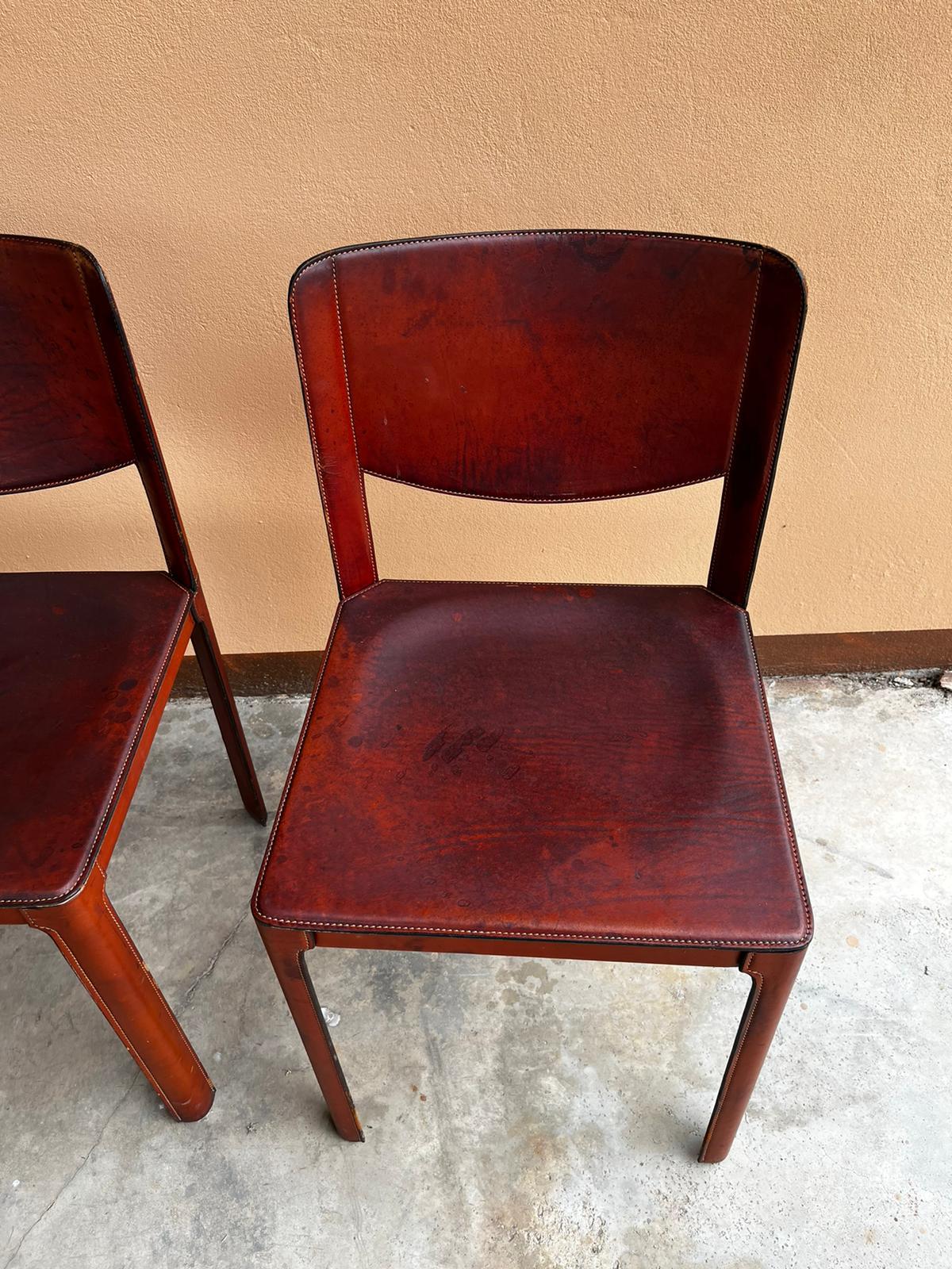 Italian 20th Century Grassi Red Leather Chairs Set of 4 For Sale