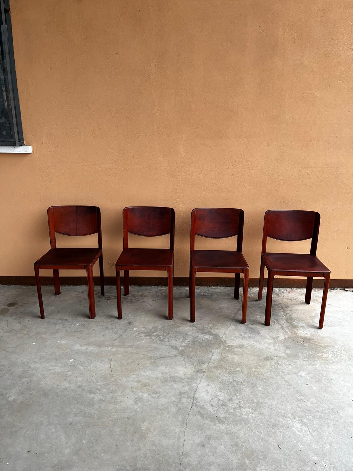 Late 20th Century 20th Century Grassi Red Leather Chairs Set of 4 For Sale