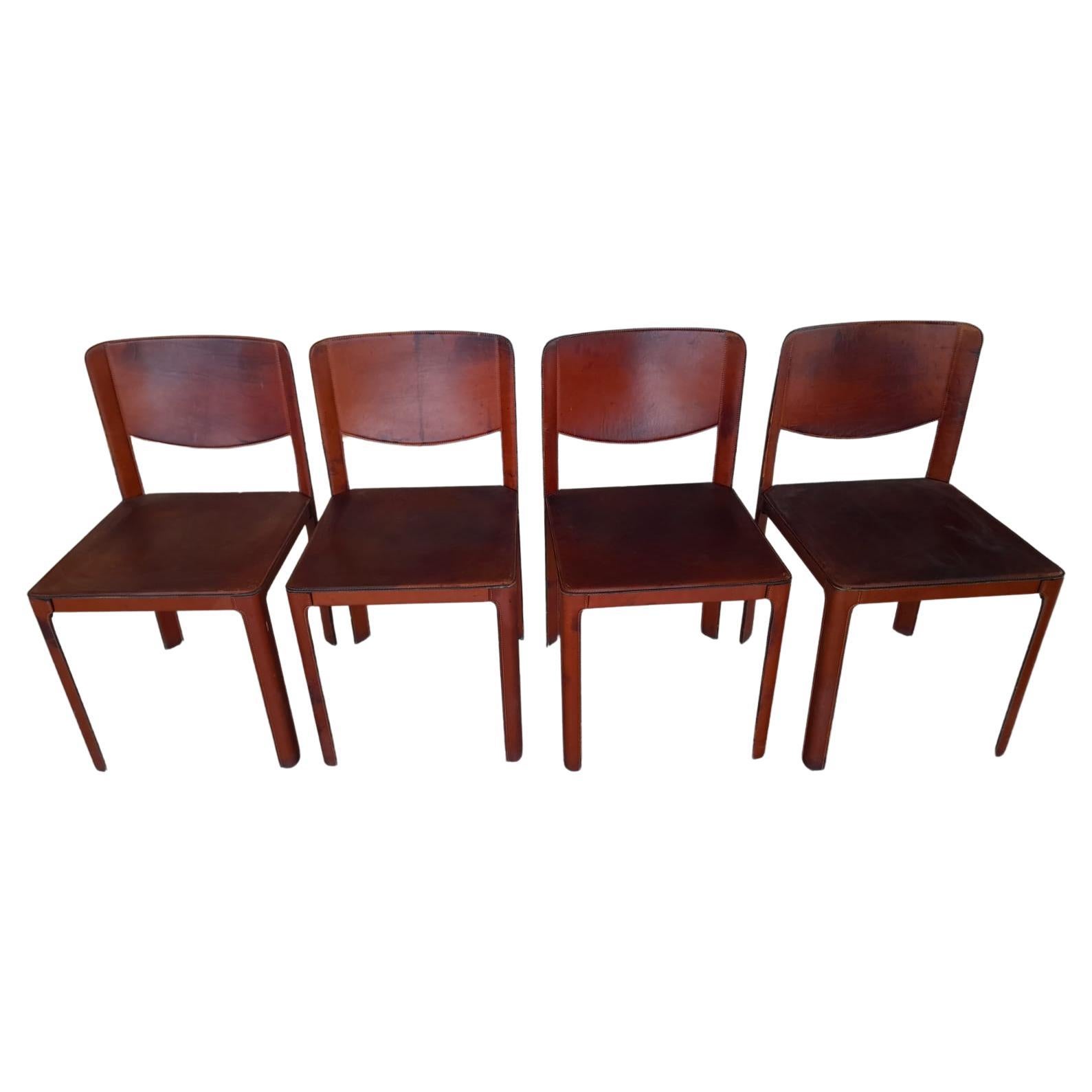 20th Century Grassi Red Leather Chairs Set of 4 For Sale