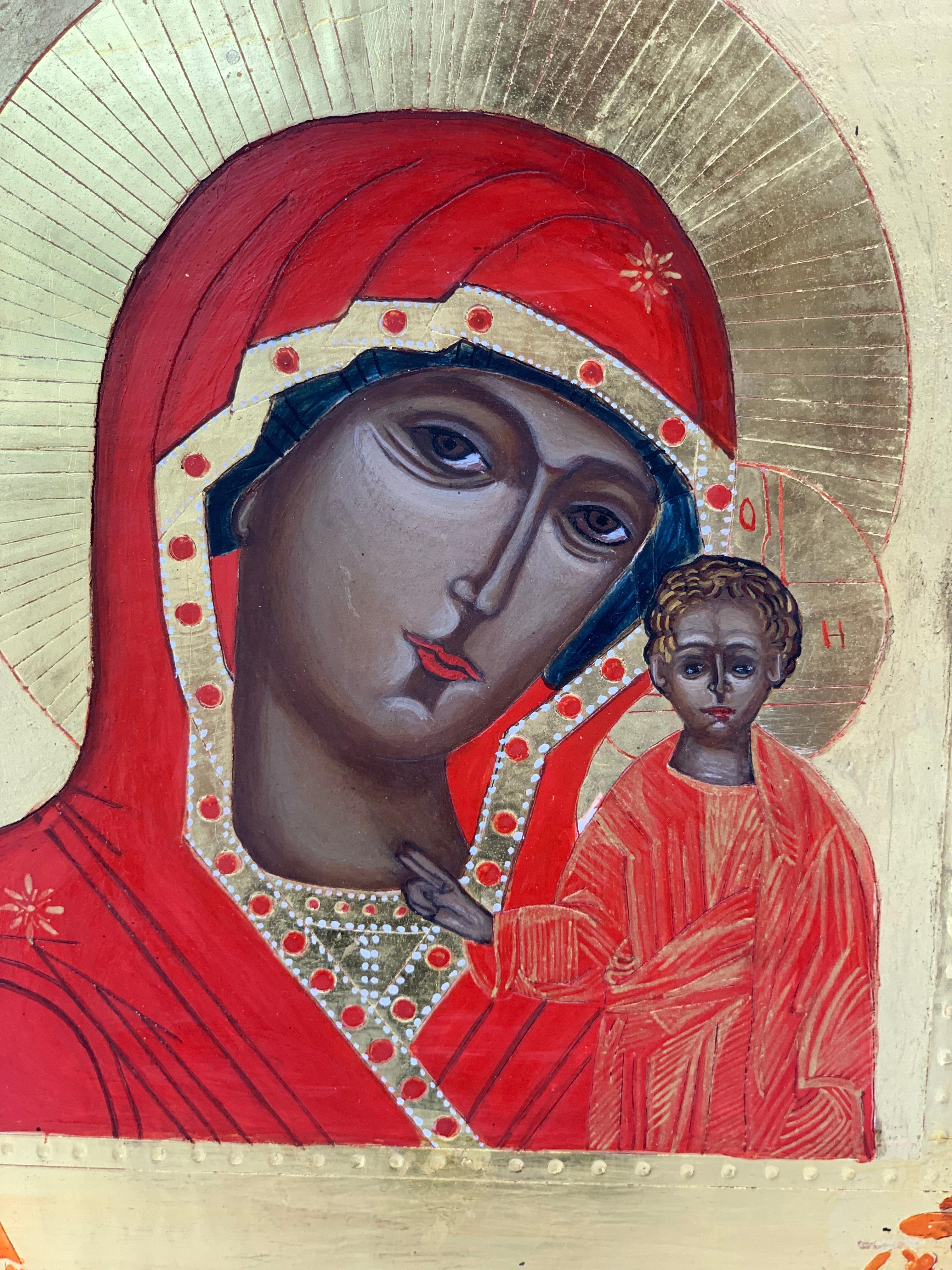Griechische Ikone der Gottesmutter Maria mit Kind aus dem 20. Jahrhundert mit Blattgold (Klassisch-griechisch) im Angebot