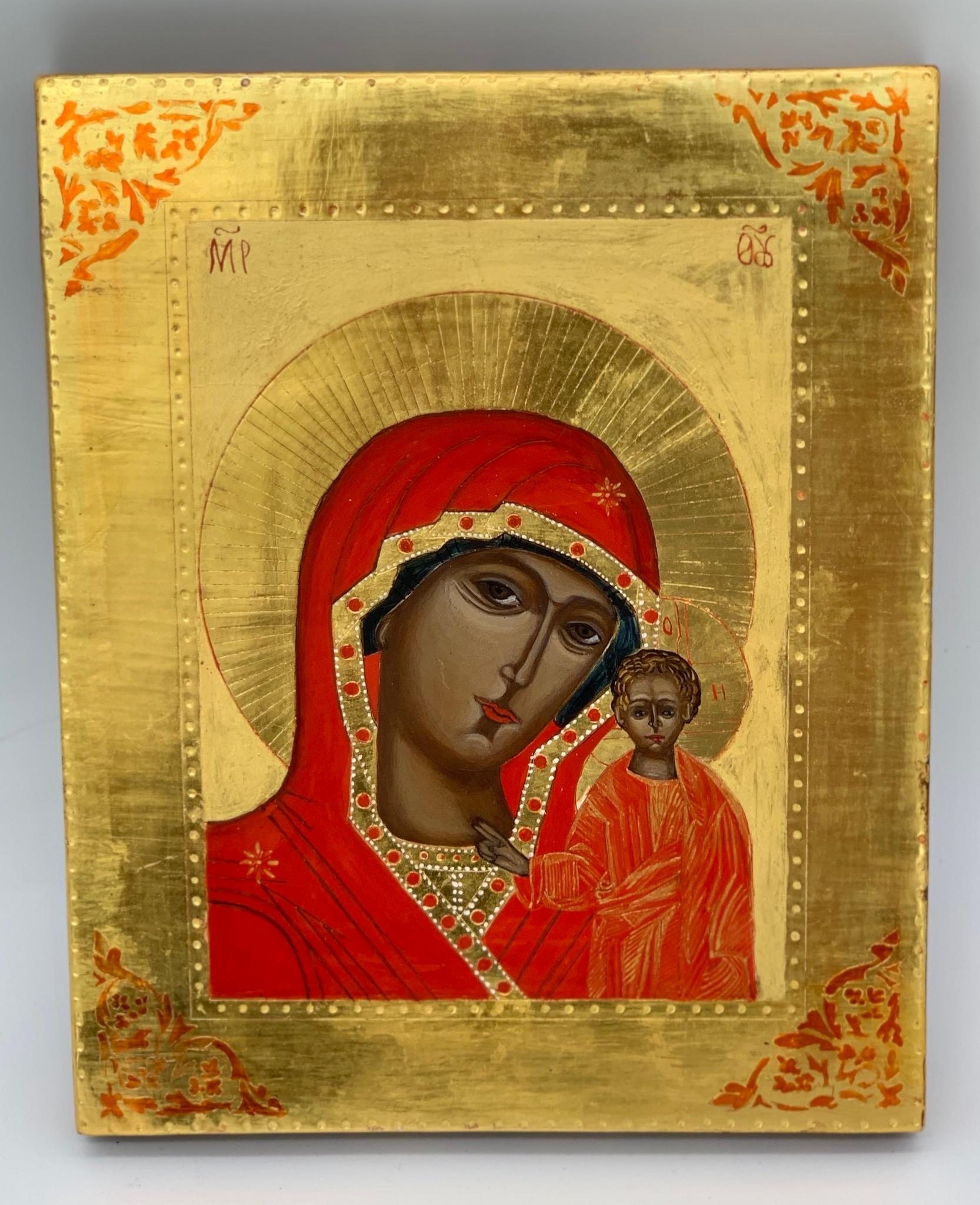 20th Century Greek Icon of Mary Mother of God with Child with Gold Leaf For Sale 1