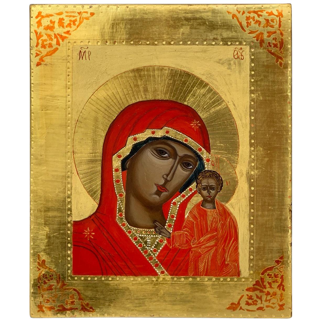 Icône grecque du 20e siècle, Mère de Dieu avec enfant avec feuille d'or