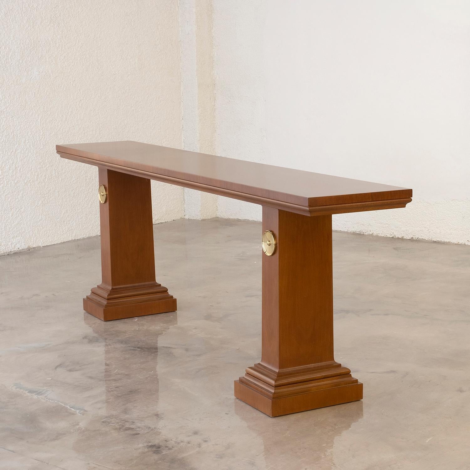 Hand-Carved 20th Century Greek Saridis Walnut, Brass Console Table by T.H. Robsjohn-Gibbings