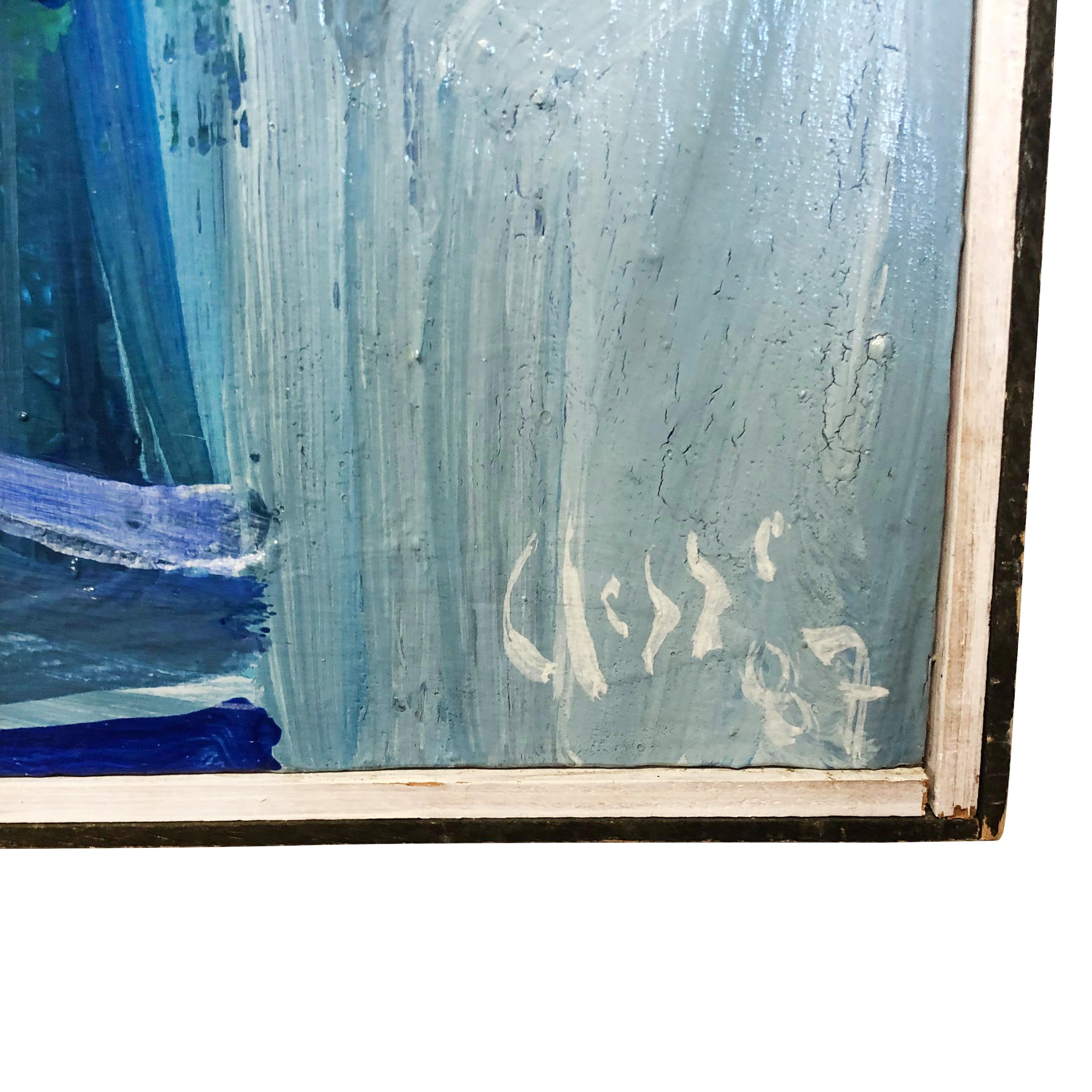 Hand-Carved 20th Century French Green and Blue Abstract Painting by Daniel Clesse