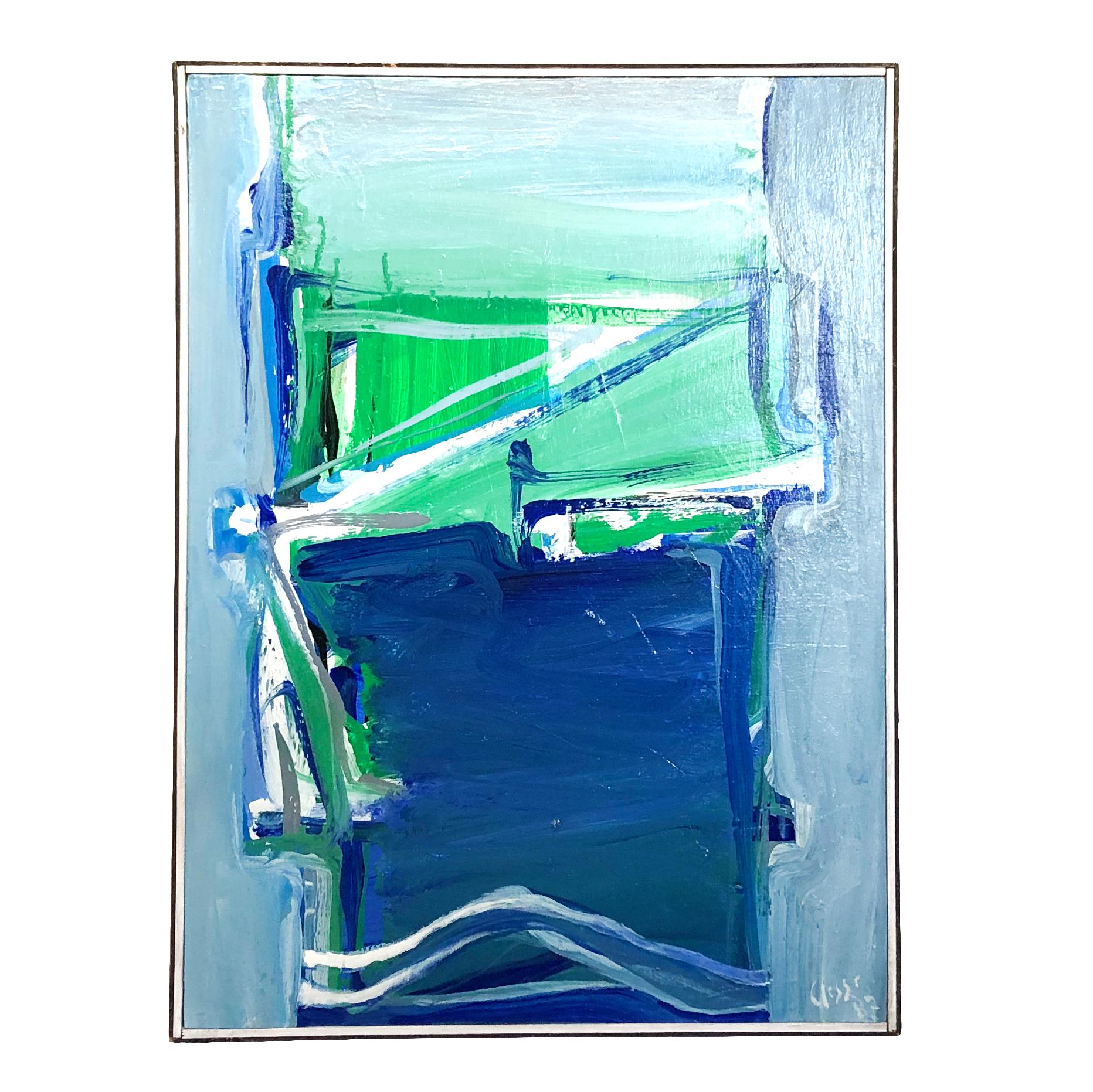 A French green, white blue abstract painting, oil on wood by Daniel Clesse, painted in France, signed and dated in 1987.

Daniel Clesse was a French painter born in 1932 Paris, France and passed away in 2016. He and his wife Christiane Clesse