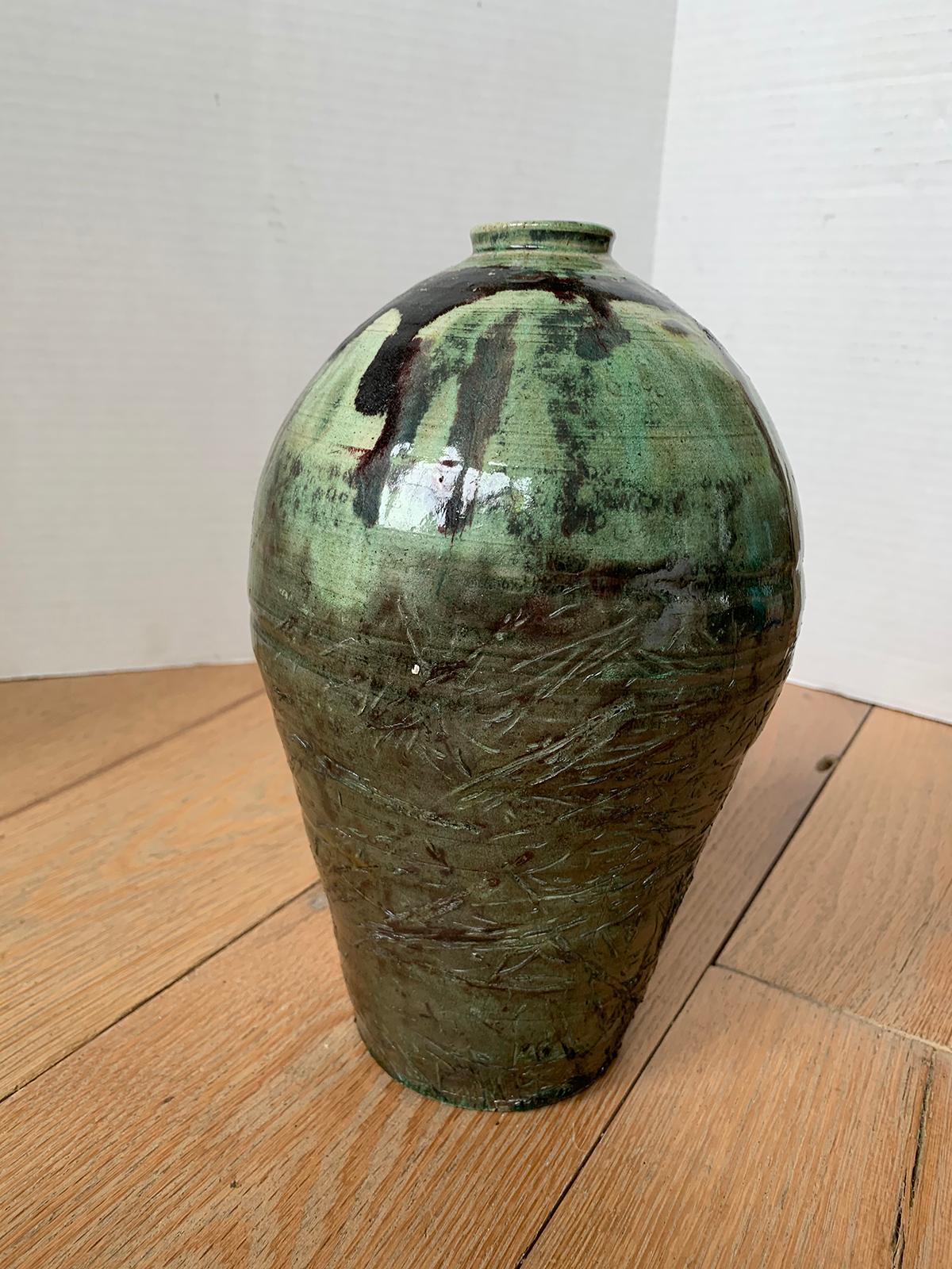 20th century green and brown glazed earthenware pottery vase.