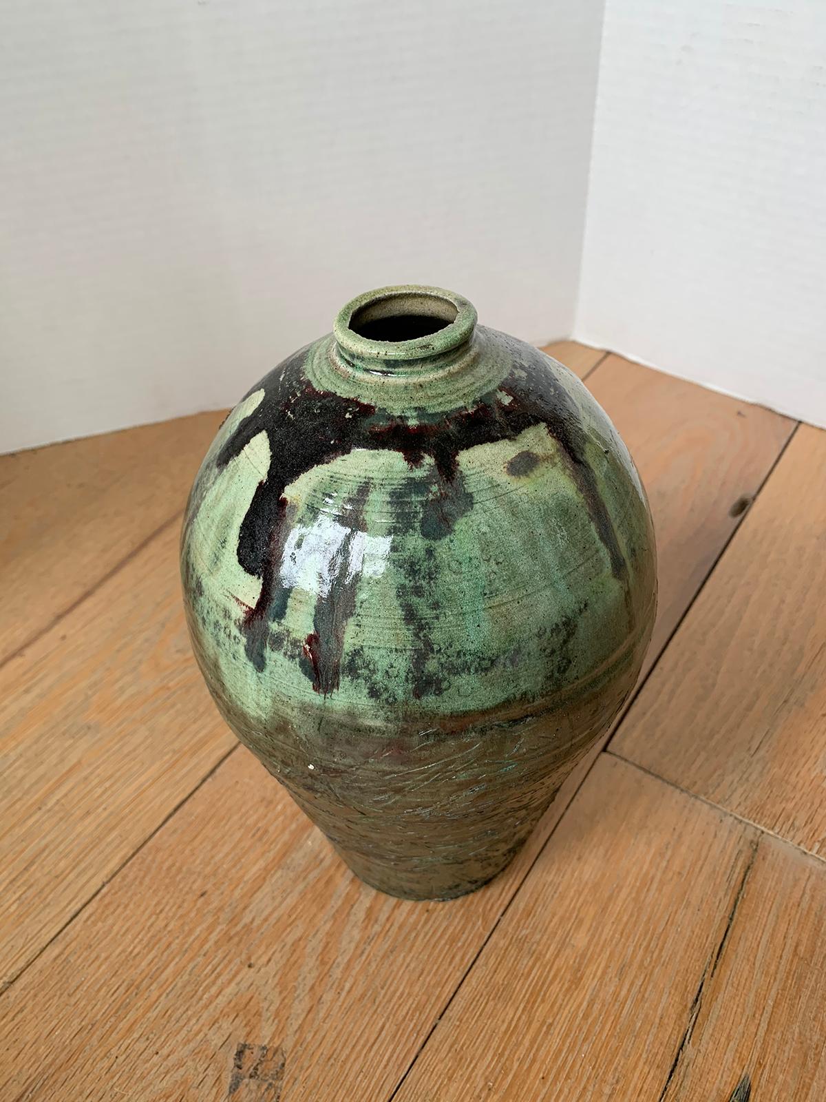 20th Century Green and Brown Glazed Earthenware Pottery Vase In Good Condition In Atlanta, GA