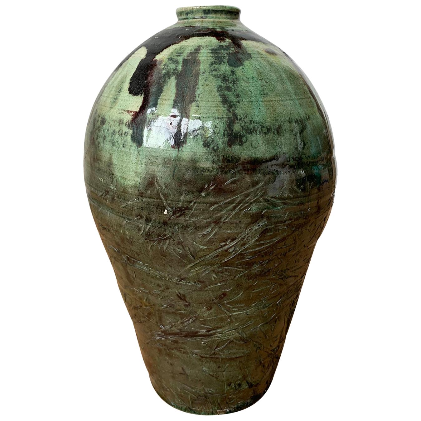 20th Century Green and Brown Glazed Earthenware Pottery Vase