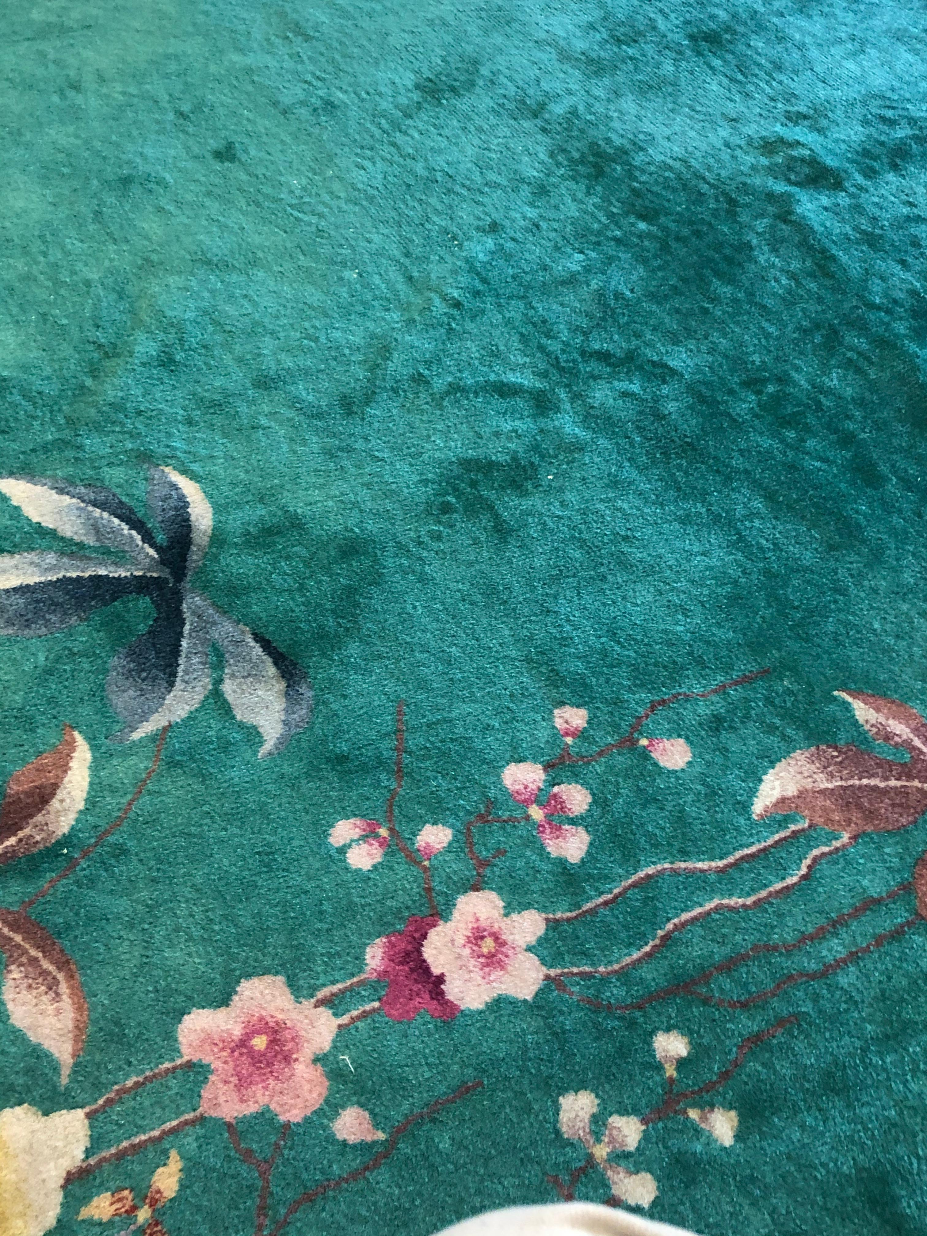 20th Century Green and Flowers Chinese Art Deco Nichols in Wool Rug, 1920-1940 2