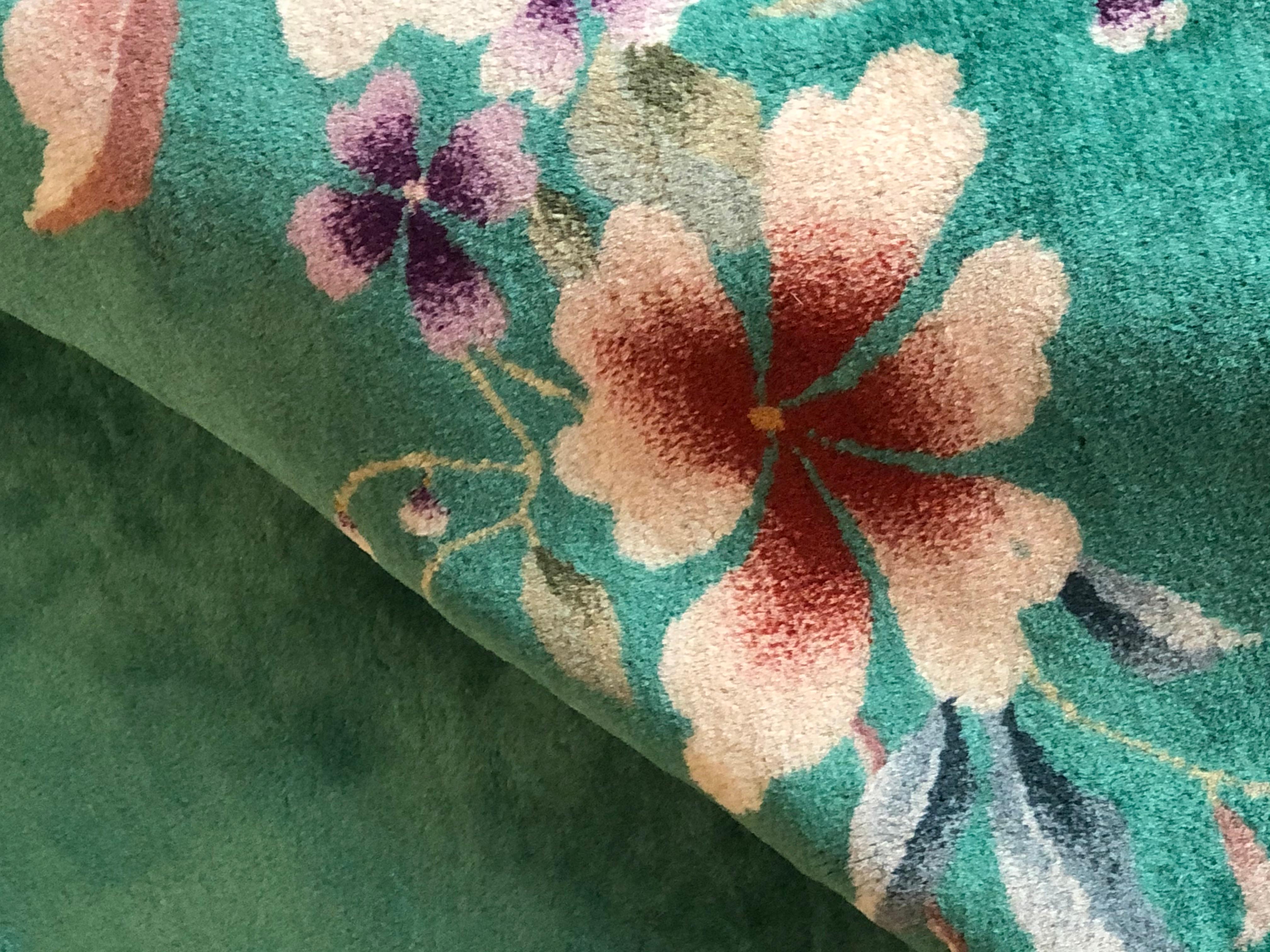 20th Century Green and Flowers Chinese Art Deco Nichols in Wool Rug, 1920-1940 5