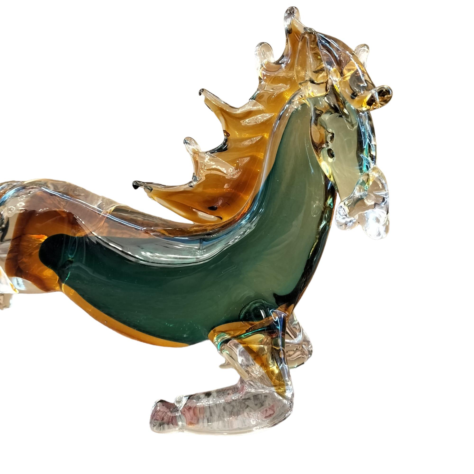 Italian 20th Century Green and Orange Horse Sculpture in Blown Murano Glass from Venice  For Sale