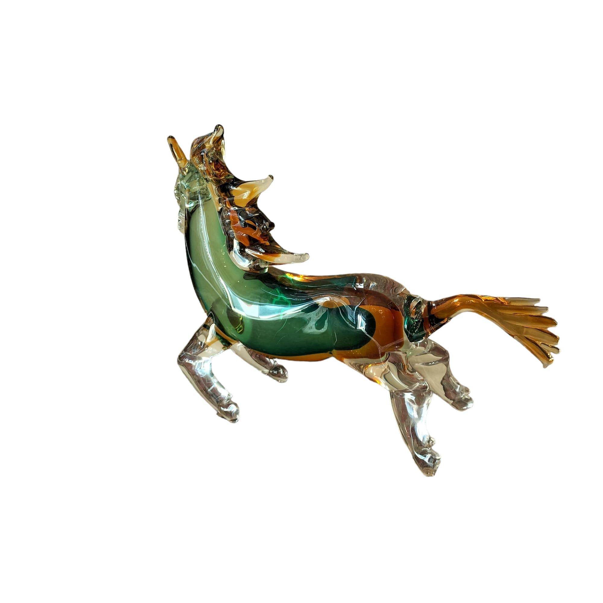 20th Century Green and Orange Horse Sculpture in Blown Murano Glass from Venice  In Good Condition For Sale In NICE, FR