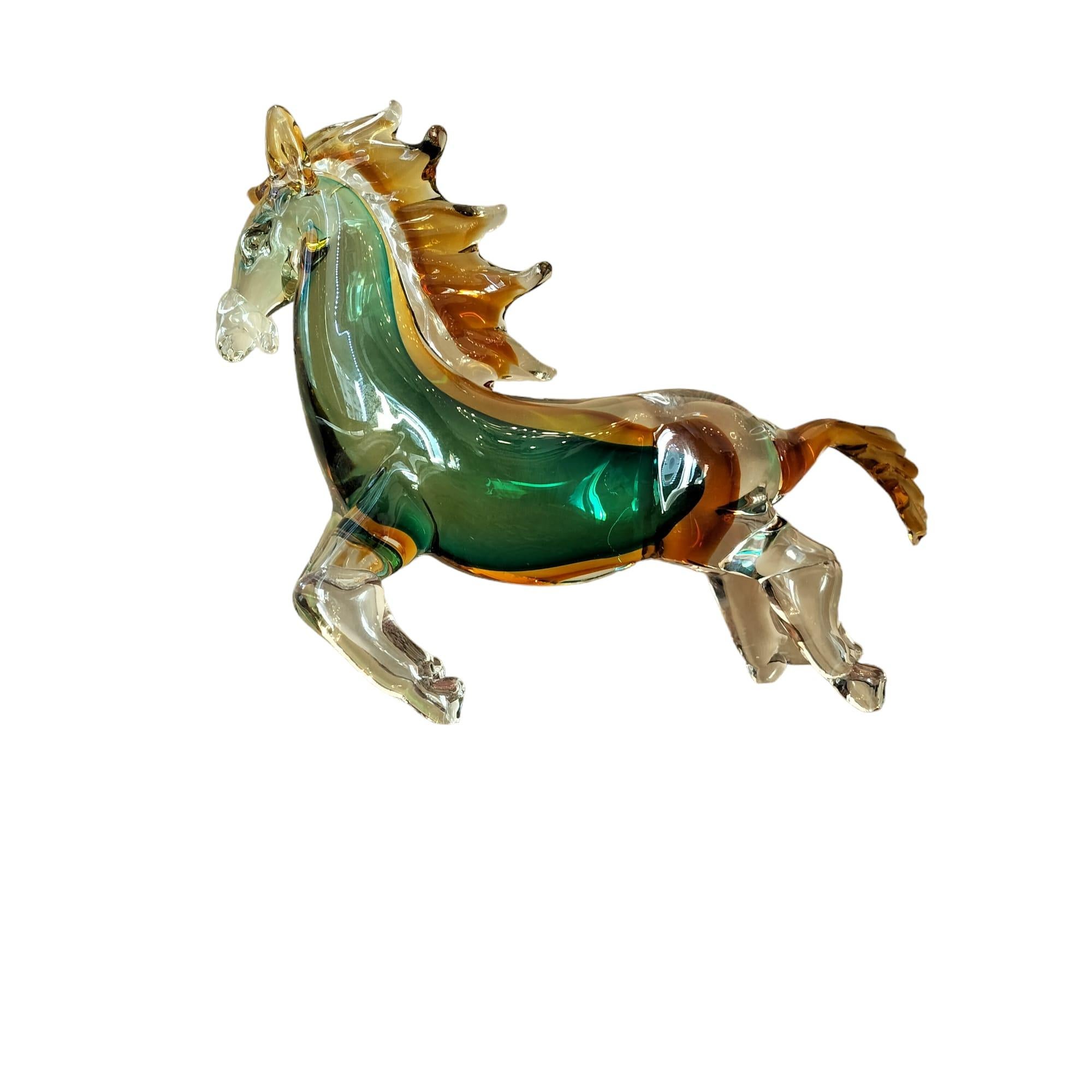 20th Century Green and Orange Horse Sculpture in Blown Murano Glass from Venice  For Sale 1