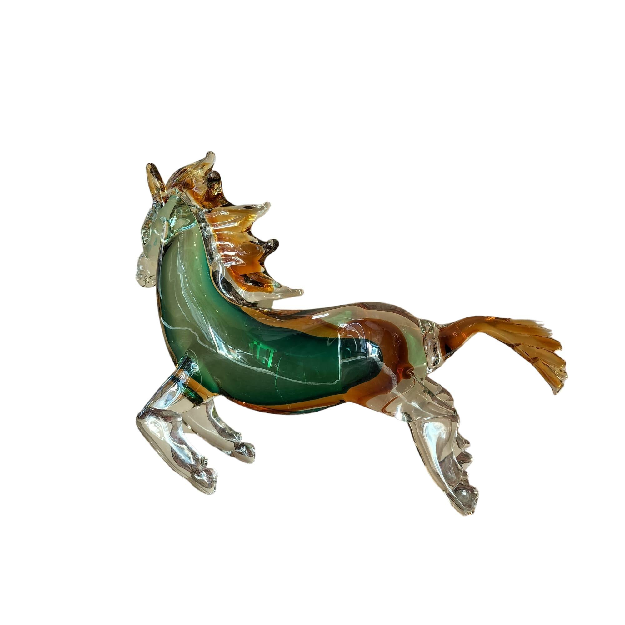 20th Century Green and Orange Horse Sculpture in Blown Murano Glass from Venice  For Sale 2