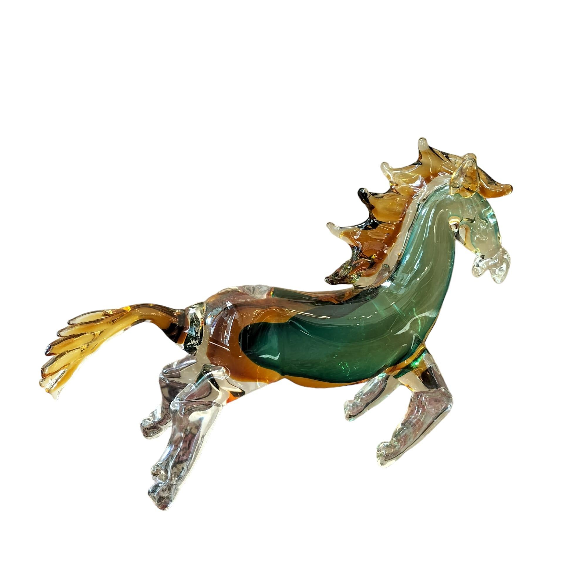 20th Century Green and Orange Horse Sculpture in Blown Murano Glass from Venice  For Sale 3