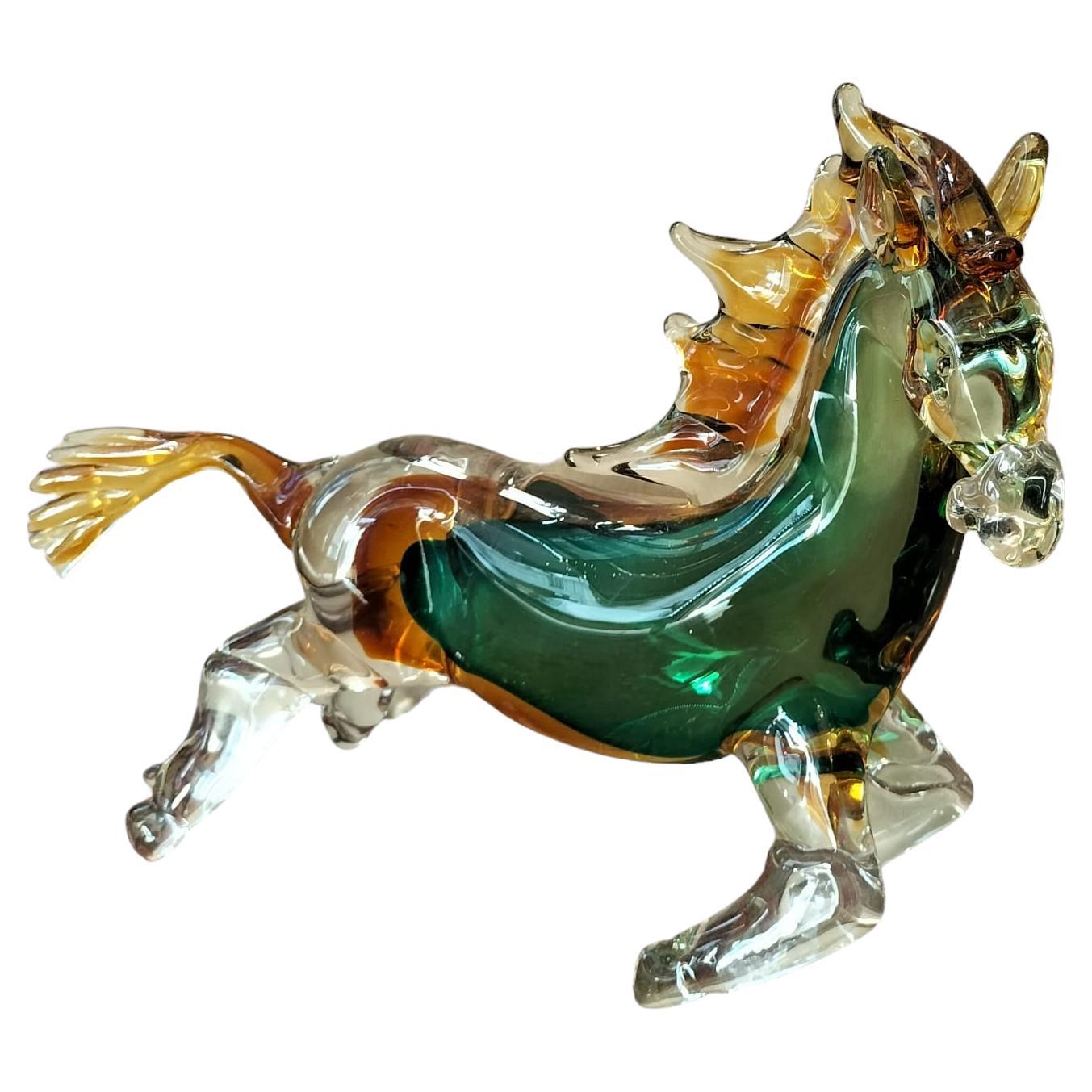 Sculpture de cheval vert et orange du 20e siècle en verre de Murano soufflé de Venise 