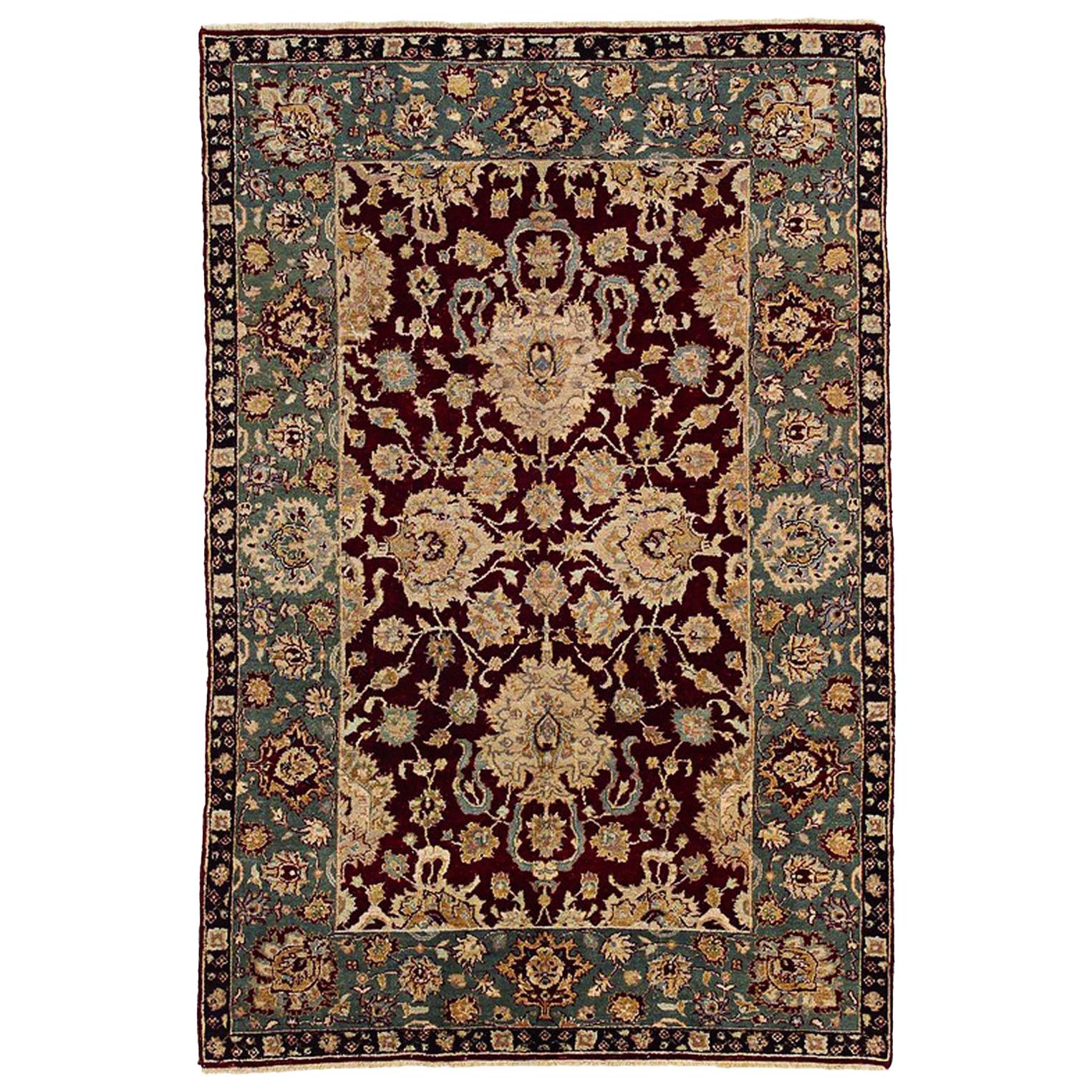20th Century Green and Ruby Red in Wool Floreal Agra Indian Rug, circa 1900s For Sale