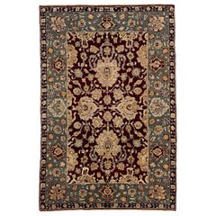 20th Century Green and Ruby Red in Wool Floreal Agra Indian Rug, circa 1900s