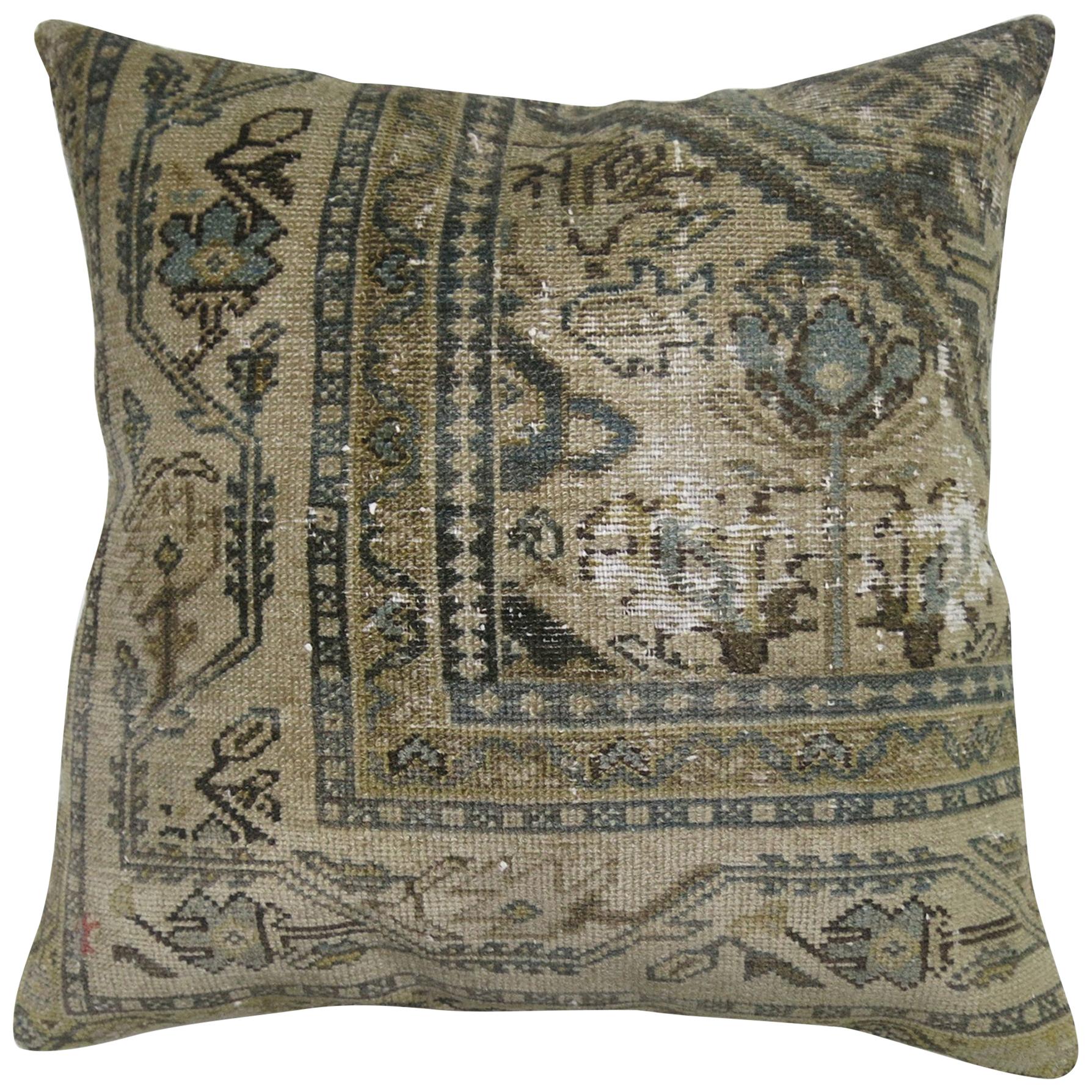 20th Century Green Beige Slate Color Antique Shabby Chic Persian Rug Pillow