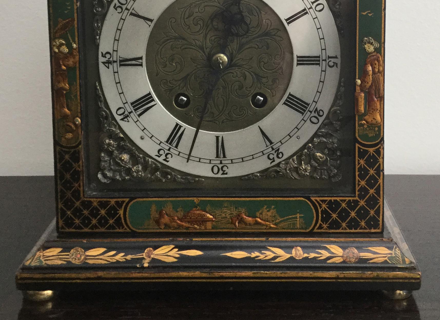 British Green Chinoiserie Georgian Style Mantel Clock by English Maker Astral