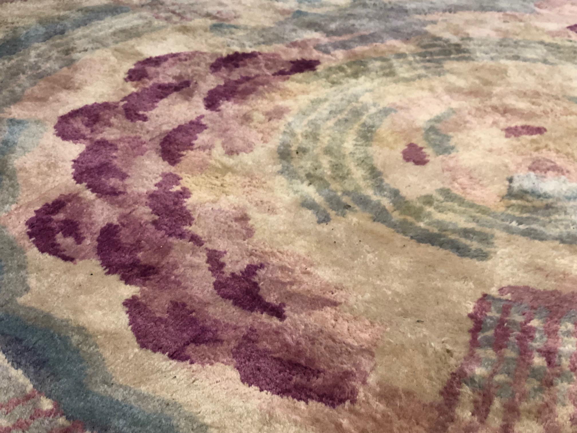 Hand-Knotted Green Floreal Savonerie Circular Rug by Gabriel Englinger, circa 1920 For Sale