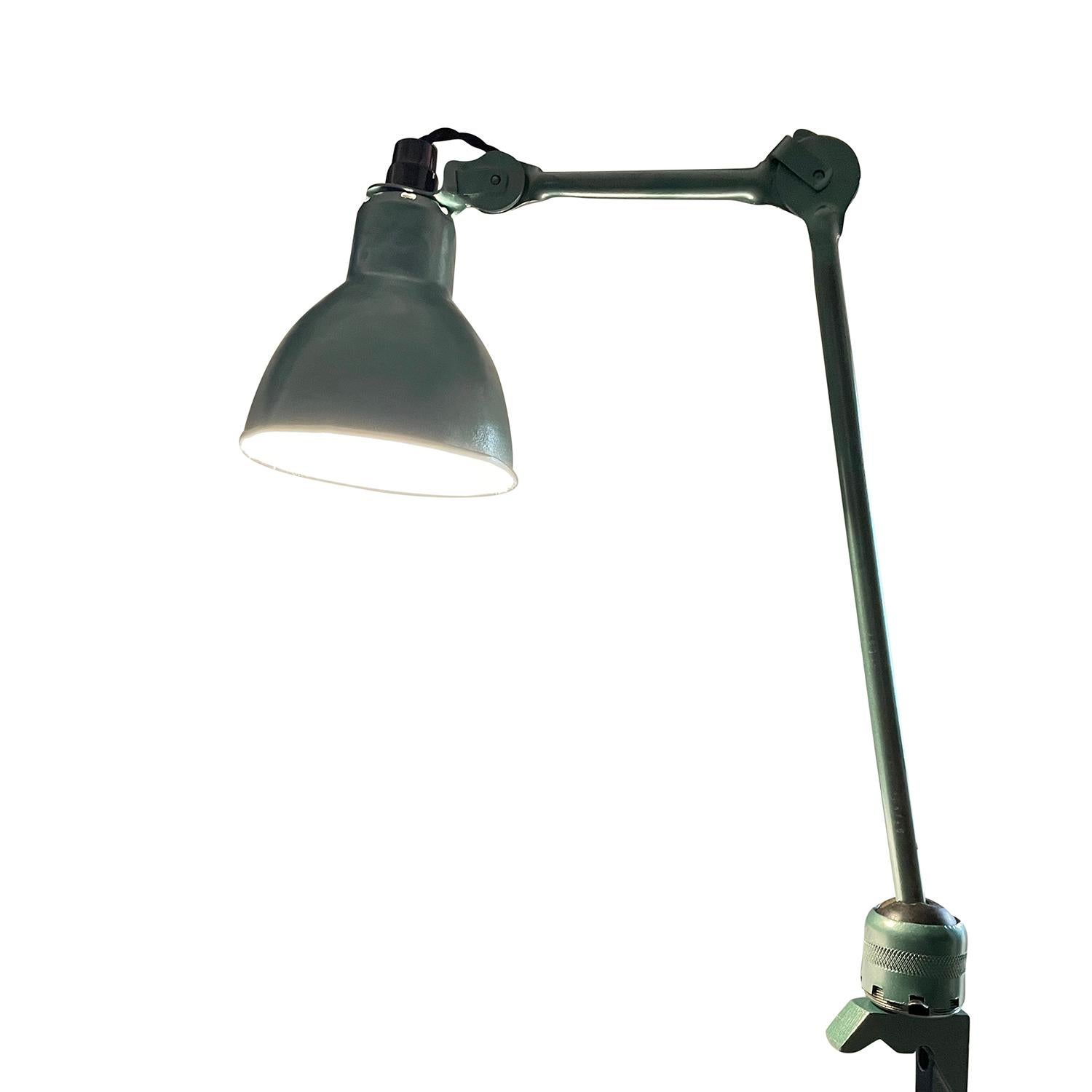 Hand-Crafted 20th Century Green French Industrial Metal Work Lamp - Vintage Office Light For Sale