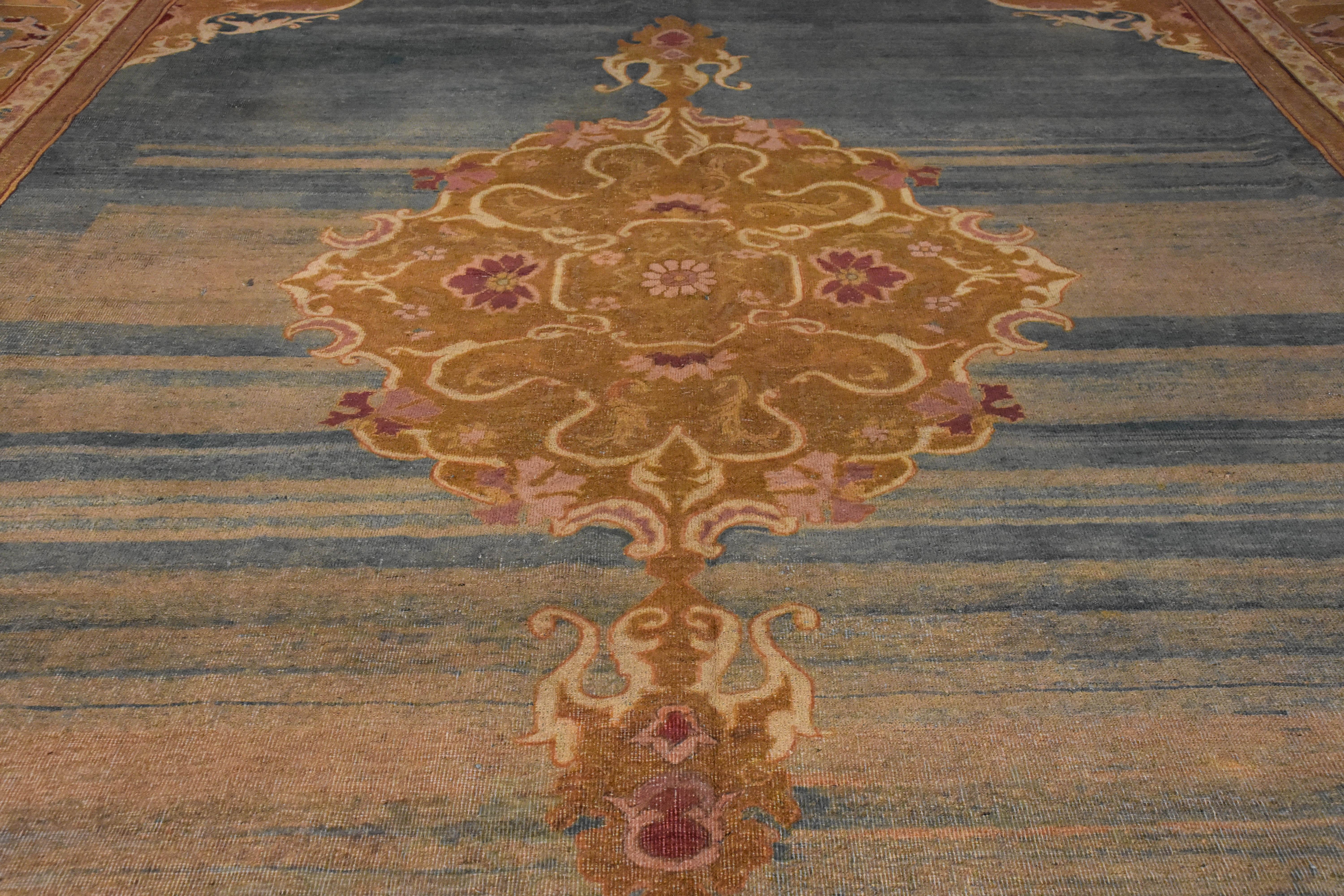Hand-Knotted 20th Century Green, Gold, Pink White Abrash Amritsar Rug from India, circa 1870s
