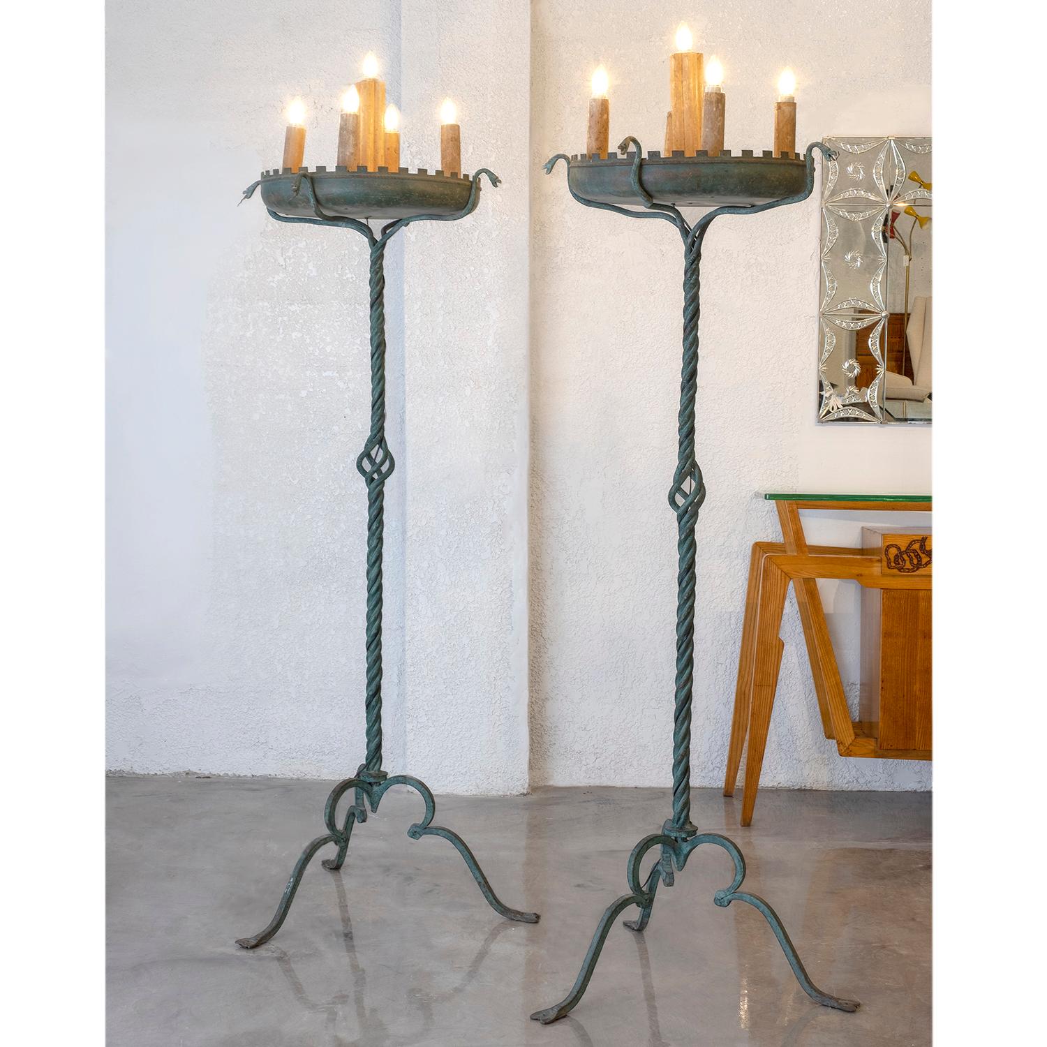 Mid-Century Modern 20th Century Green Italian Large Vintage Pair of Arched Bronze Floor Lamps For Sale