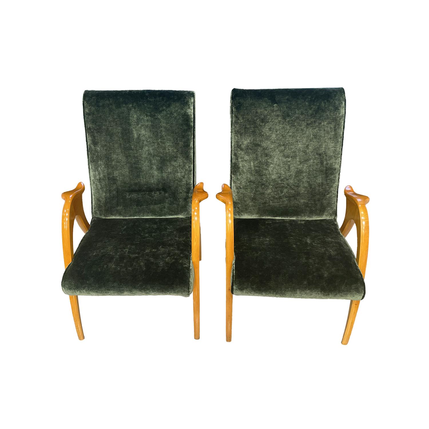 Mid-Century Modern 20th Century Green Italian Pair of Beechwood Lounge Chairs by Malatesta & Masson For Sale