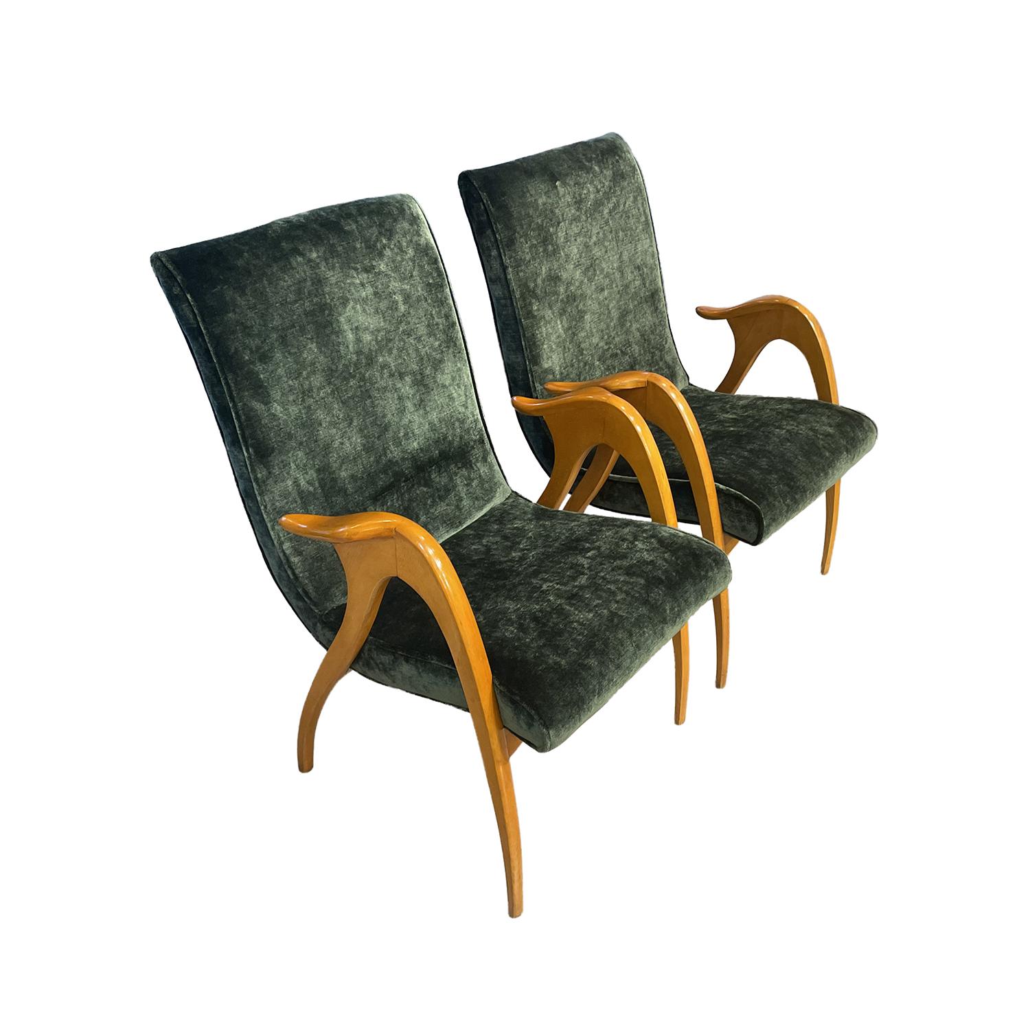 Hand-Carved 20th Century Green Italian Pair of Beechwood Lounge Chairs by Malatesta & Masson For Sale