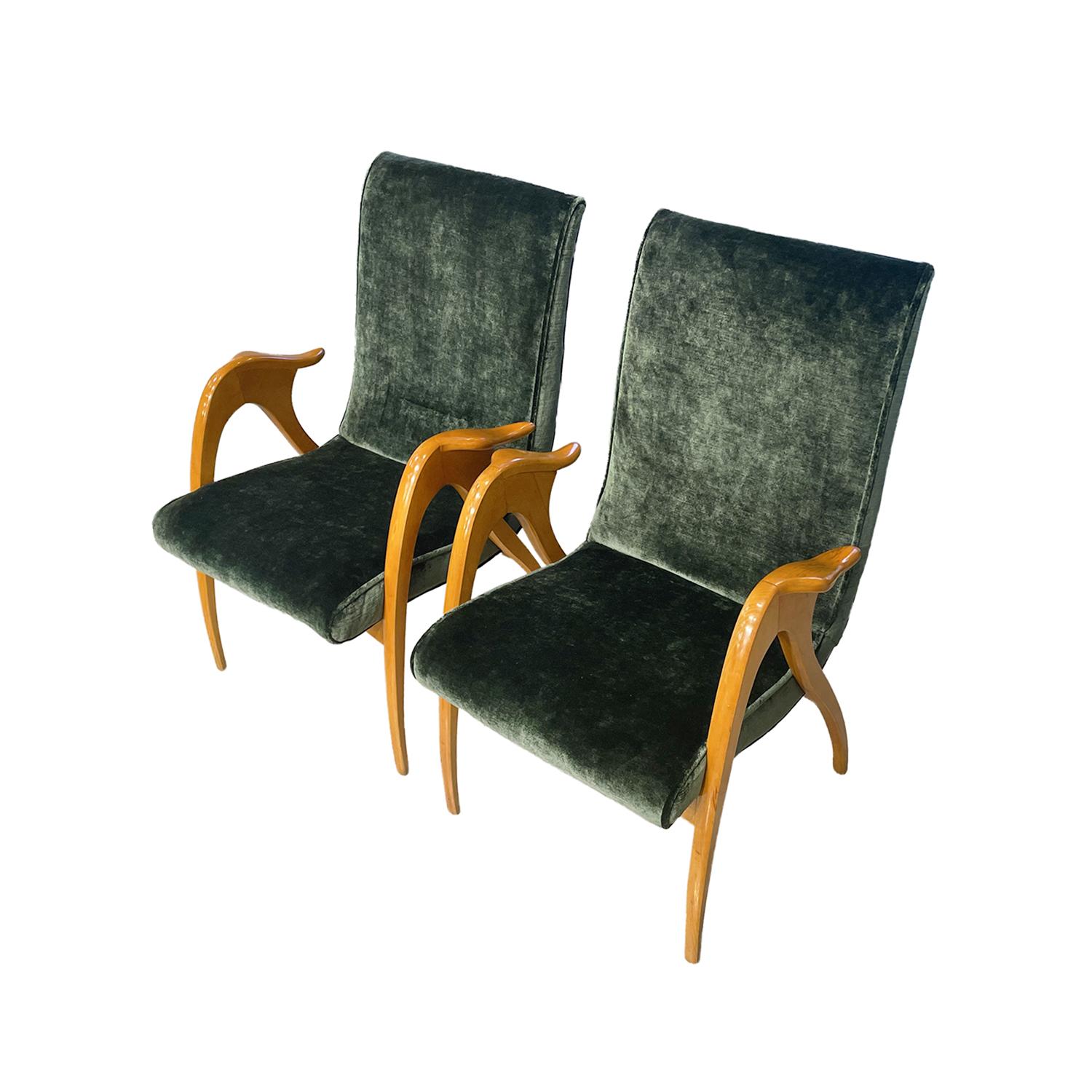 20th Century Green Italian Pair of Beechwood Lounge Chairs by Malatesta & Masson In Good Condition For Sale In West Palm Beach, FL
