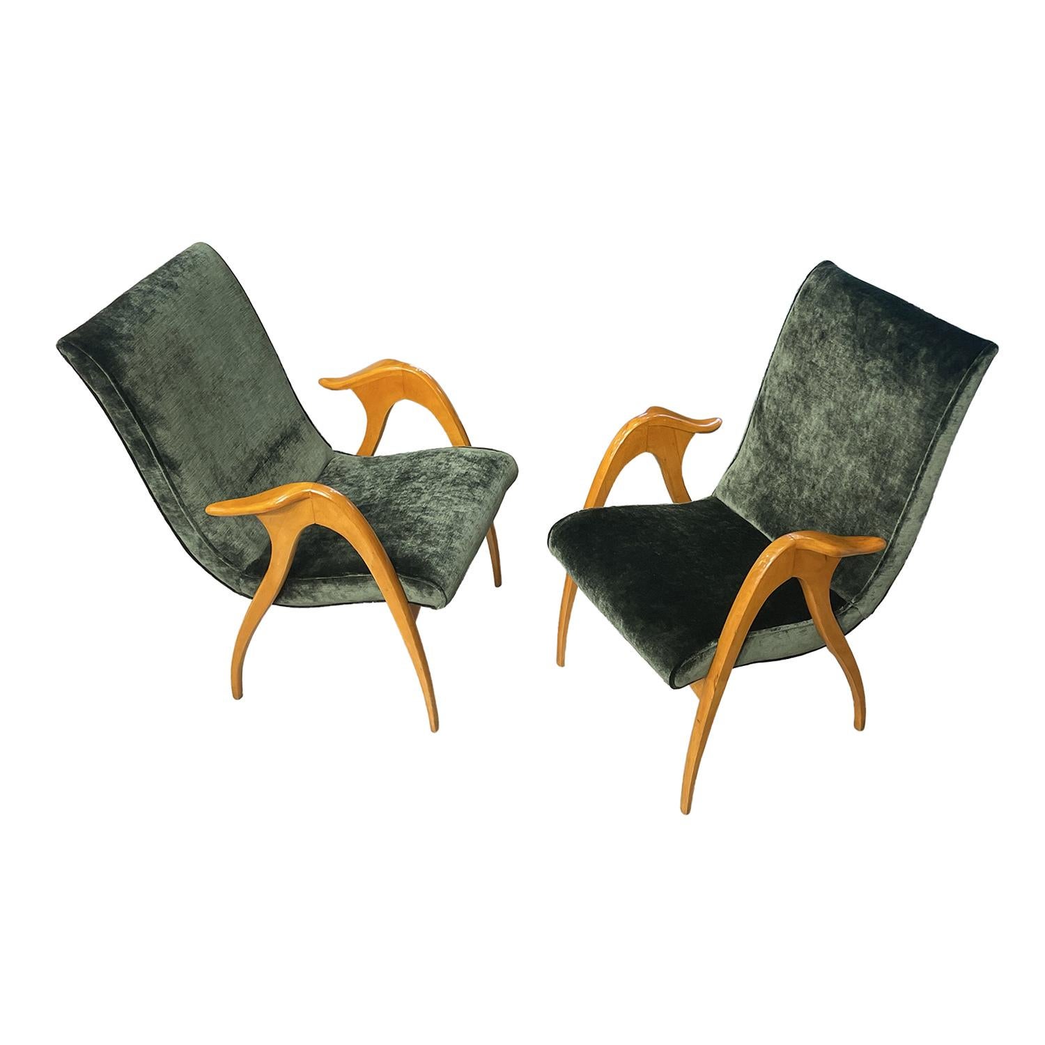 Fabric 20th Century Green Italian Pair of Beechwood Lounge Chairs by Malatesta & Masson For Sale