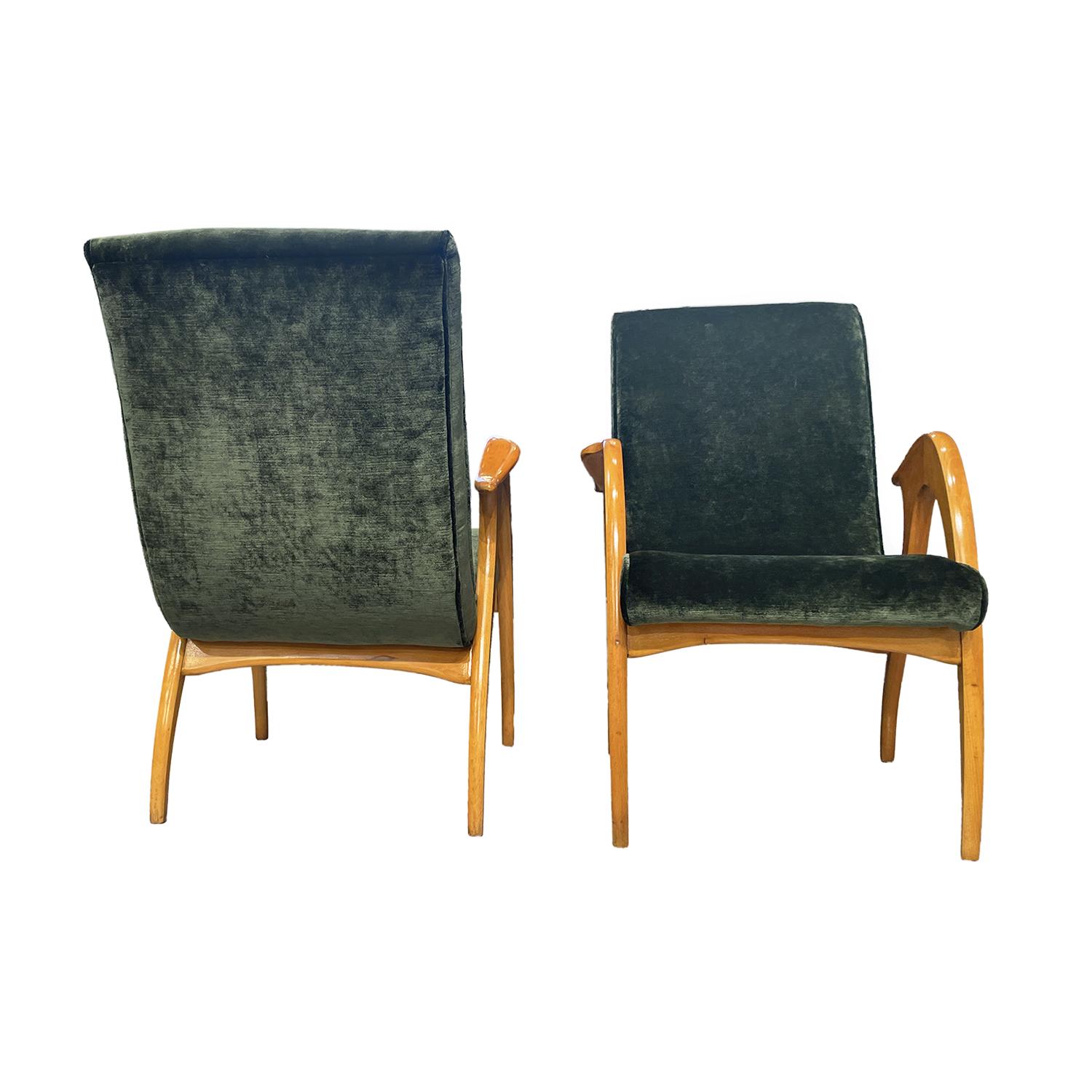 20th Century Green Italian Pair of Beechwood Lounge Chairs by Malatesta & Masson For Sale 1