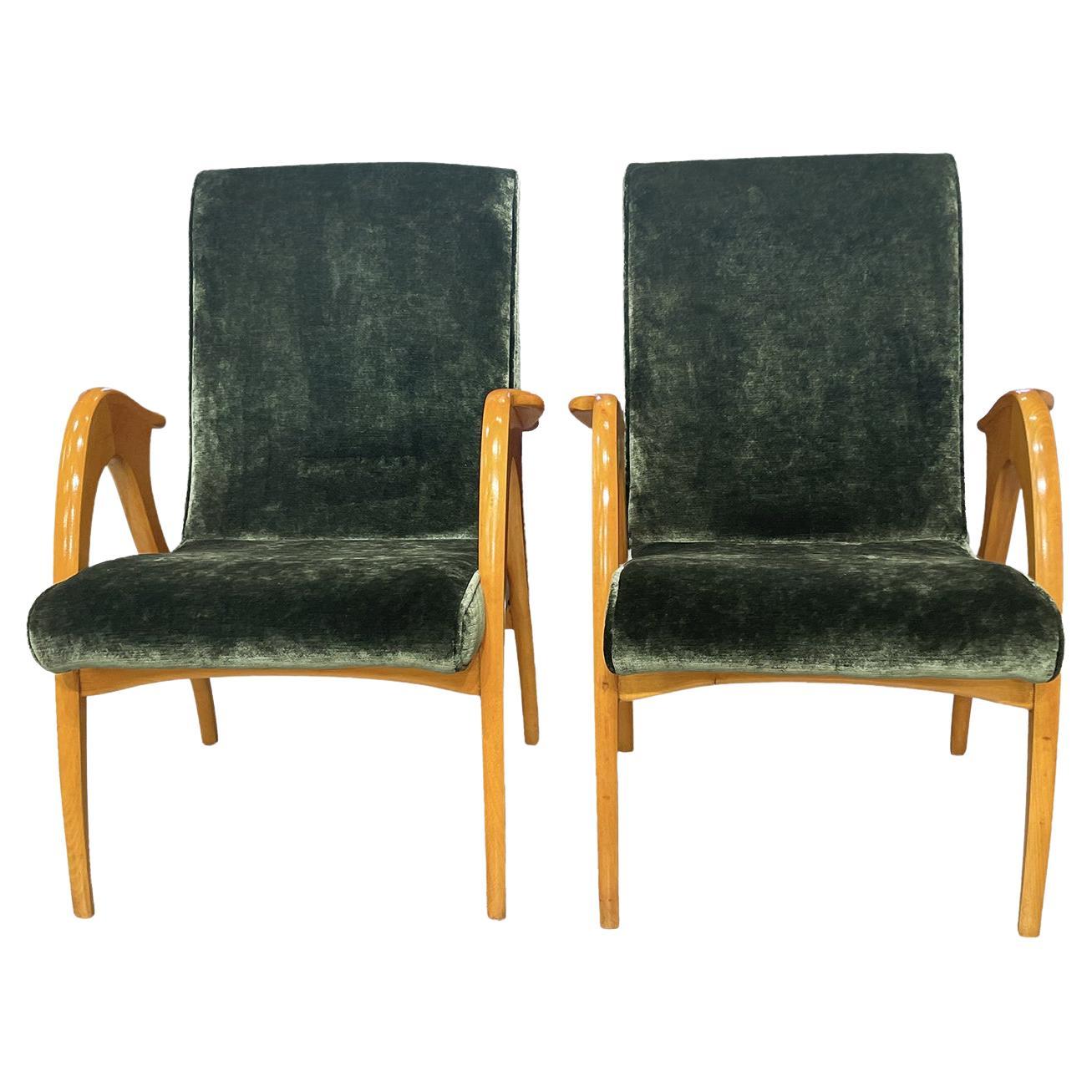 20th Century Green Italian Pair of Beechwood Lounge Chairs by Malatesta & Masson For Sale