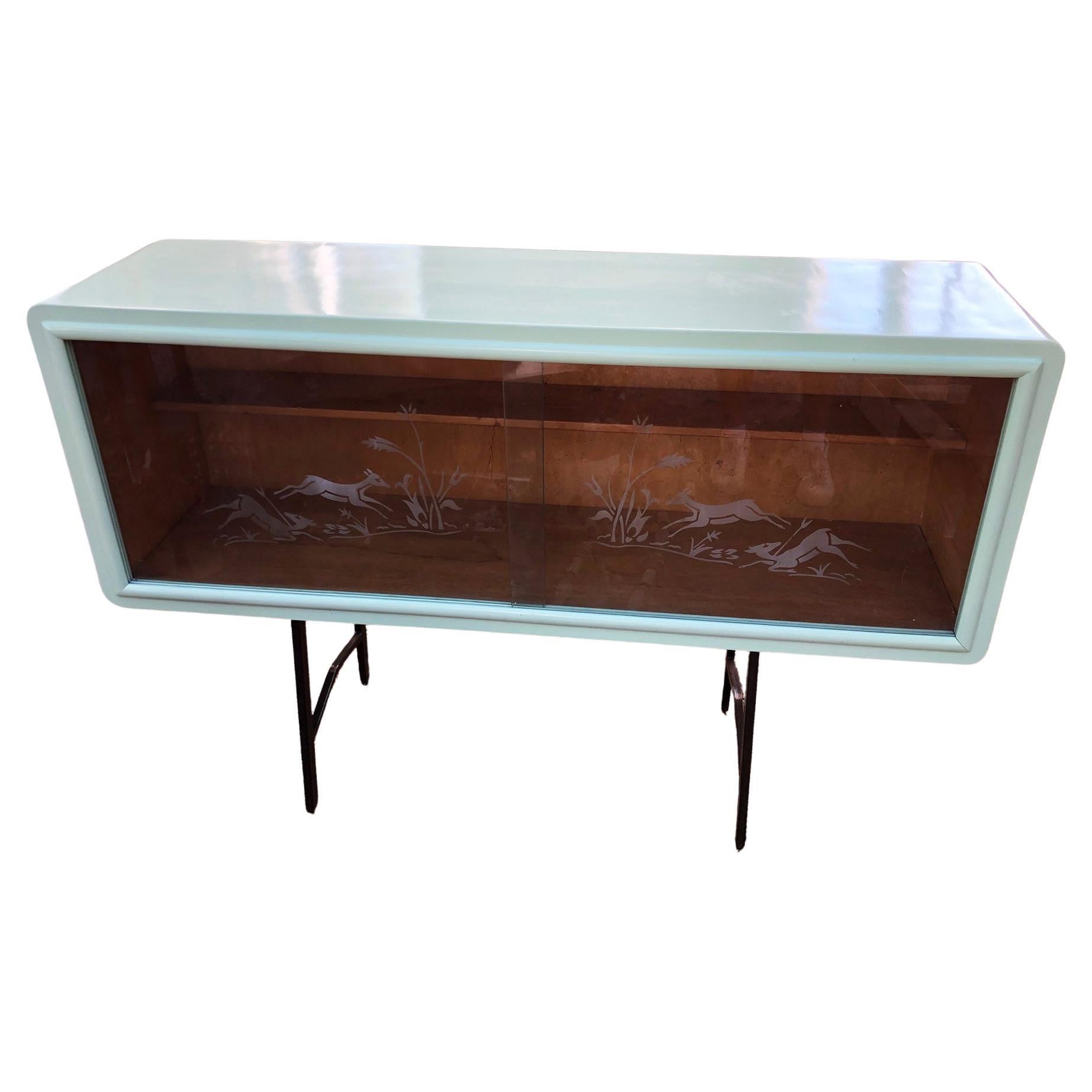 20th century green Italian sideboard, with sliding glass For Sale