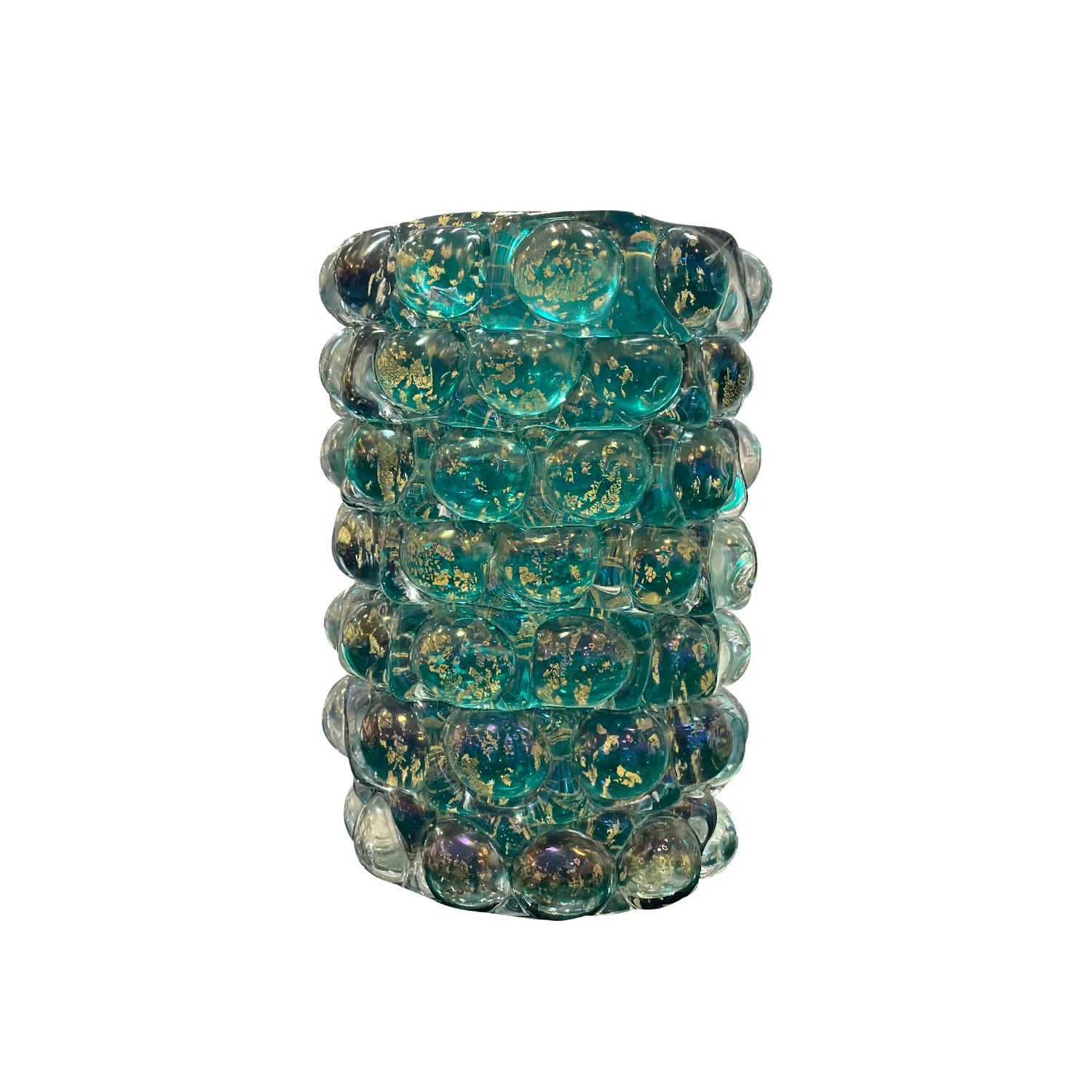 A light-green, vintage Mid-Century modern Italian single vase made of hand blown slightly smoked, colored Murano glass, designed by Ercole Barovier and produced by Barovier & Toso, in good condition. The cylindrical shaped décor piece is from the