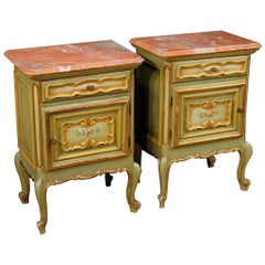 20th Century Green Painted and Giltwood with Marble-Top Italian Bedside Tables