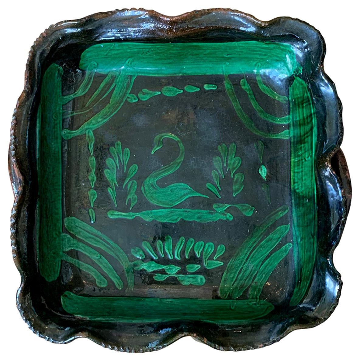 20th Century Green Painted Terracotta Bowl with Scalloped Edges and Swan Detail For Sale