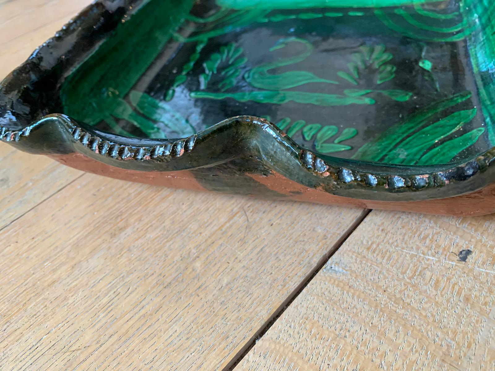 20th Century Green Painted Terracotta Bowl with Scalloped Edges and Swan Detail For Sale 7